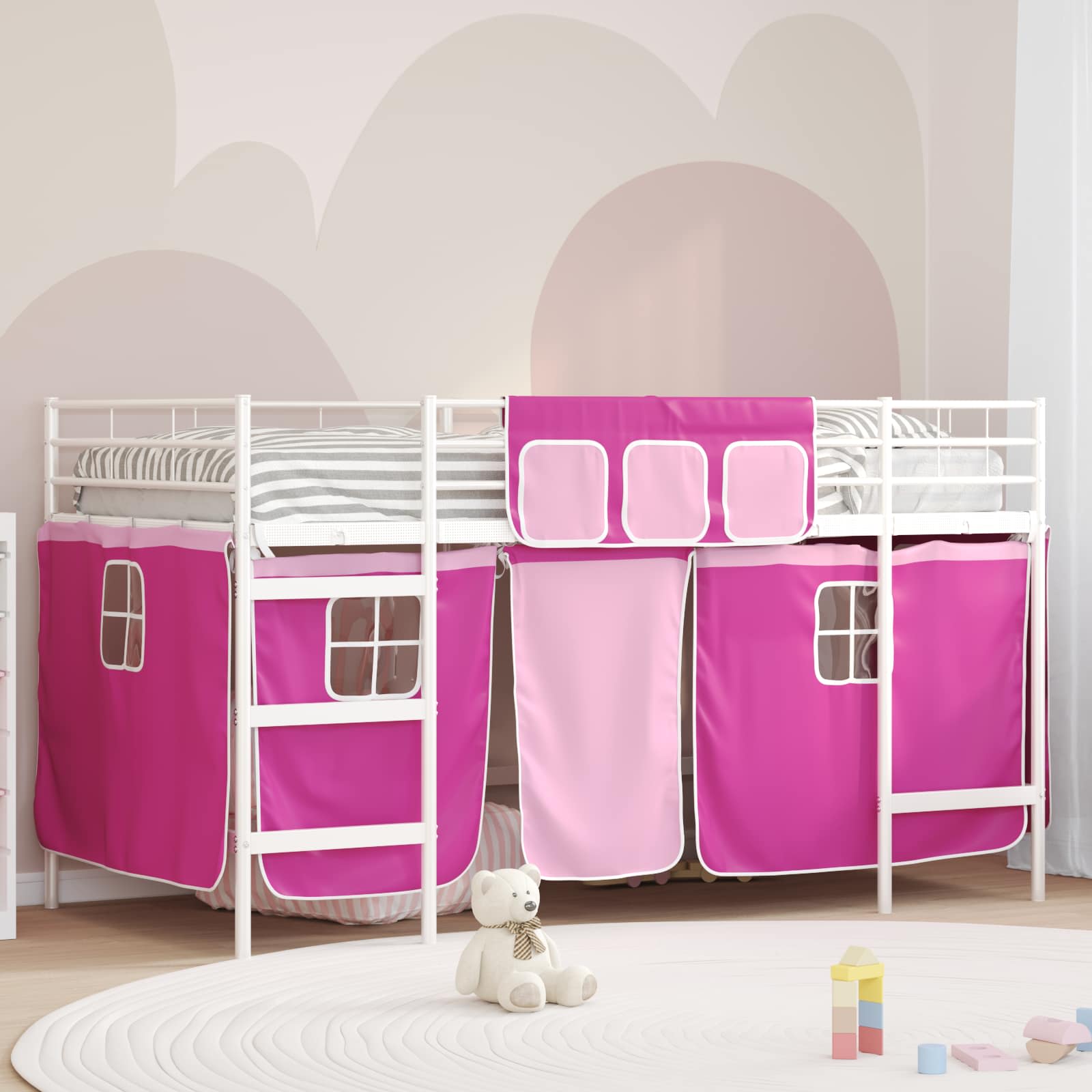 Kids'loftseng med gardiner Hvid og lyserød 90 x 200 cm