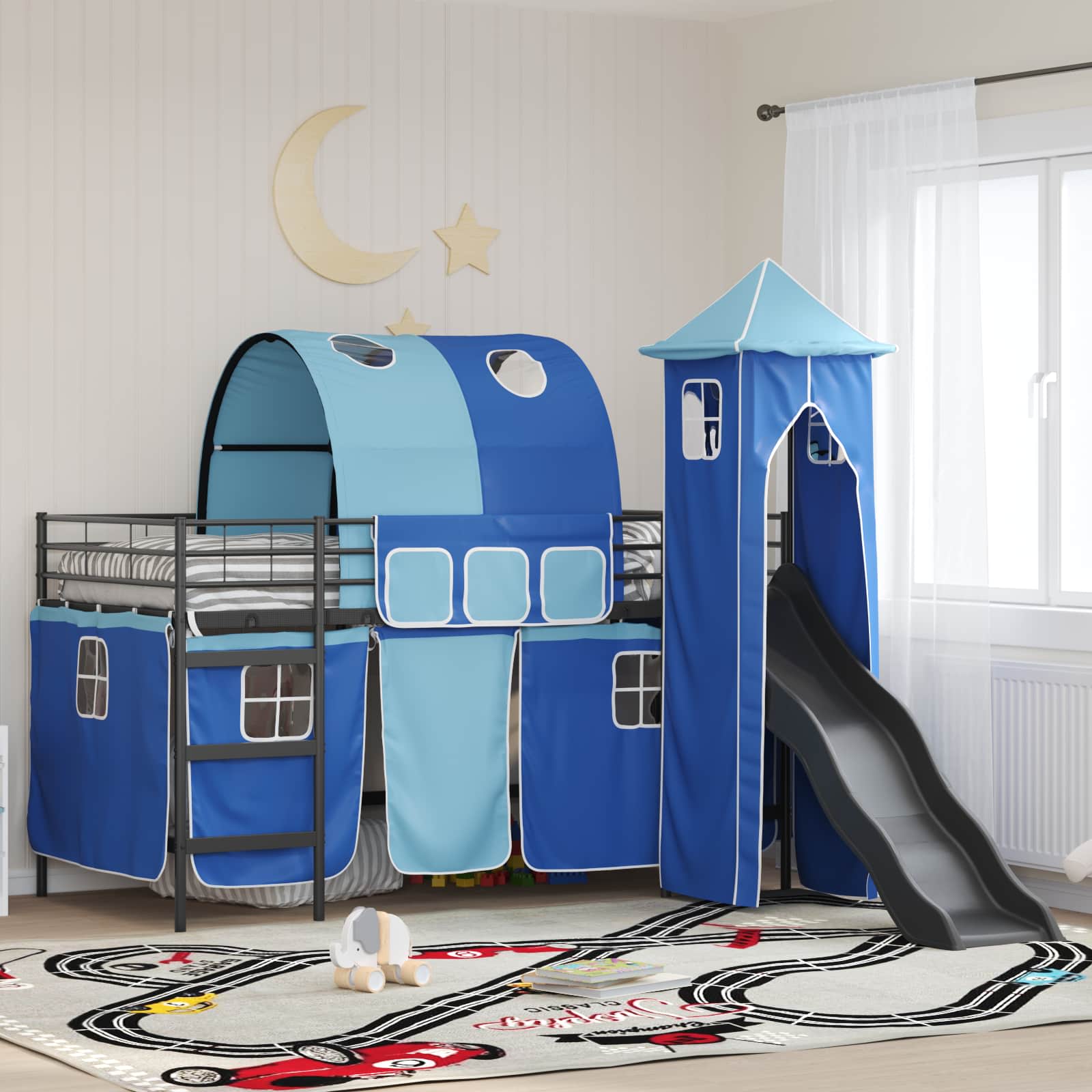 Børns Loft Seng Ramme Sort og Blå 90 x 200 cm Metal