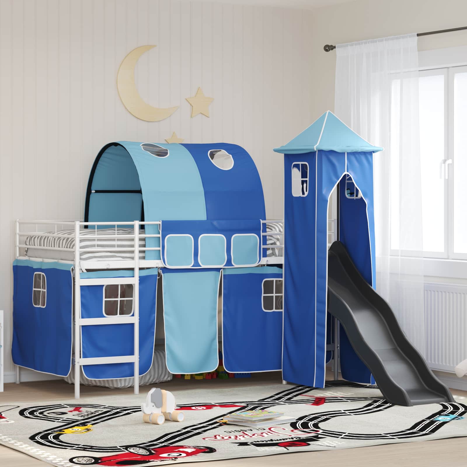 Børns Loft Seng Ramme Hvid og Blå 90 x 200 cm Metal