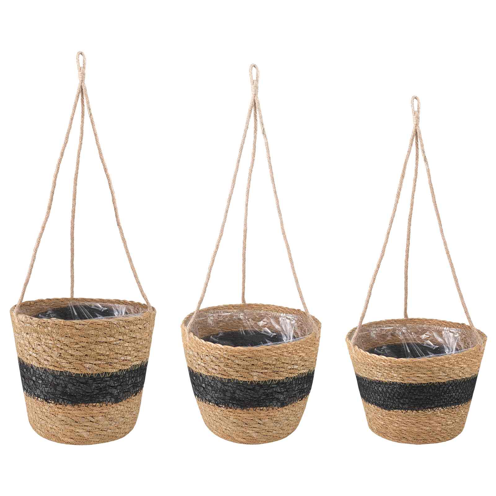 Hængende planterkurve i søgræs - 3 stk, natur/sort Ø26 × 19 cm