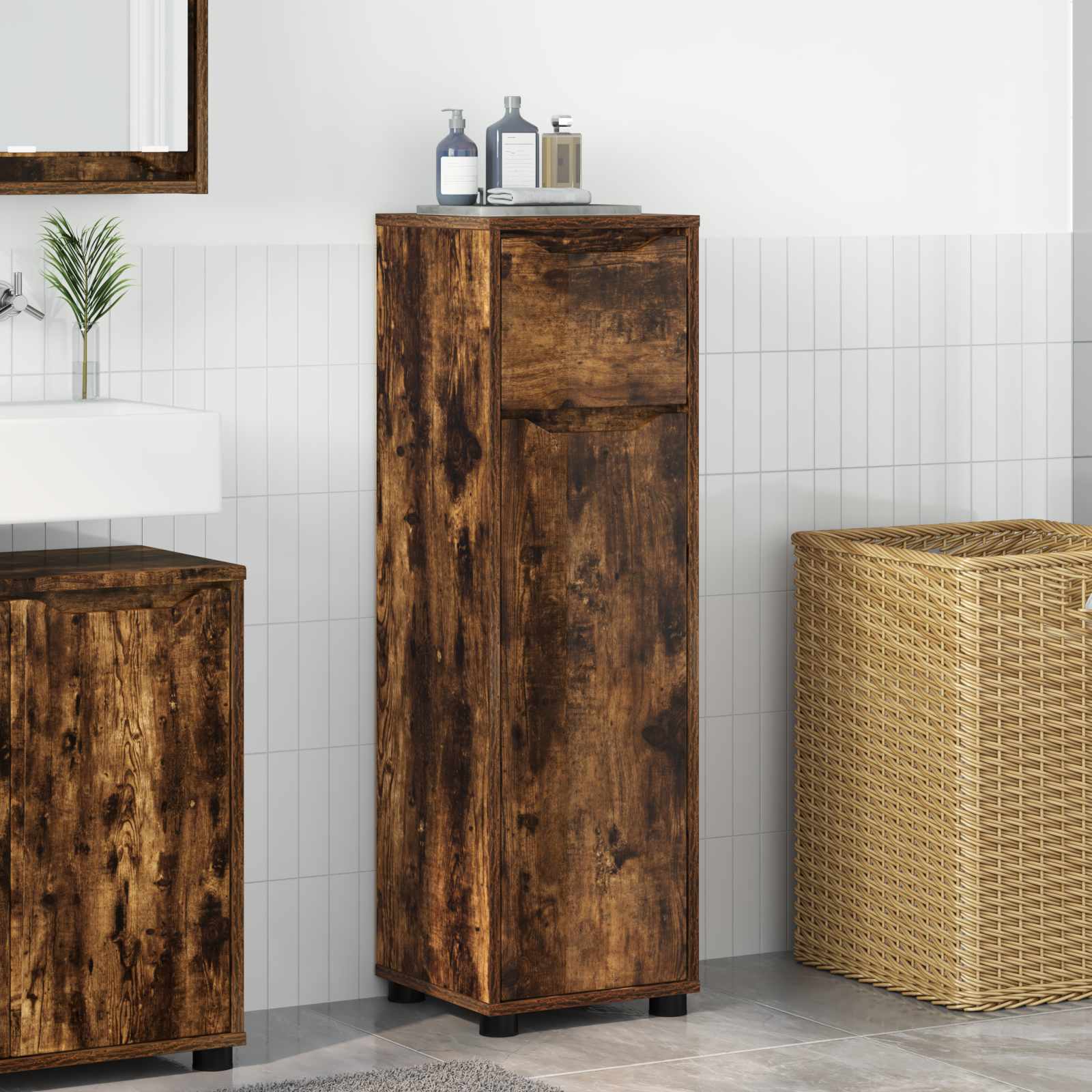 Badeværelsesskab i røget eg - 30,5 × 30 × 101 cm, konstrueret træ