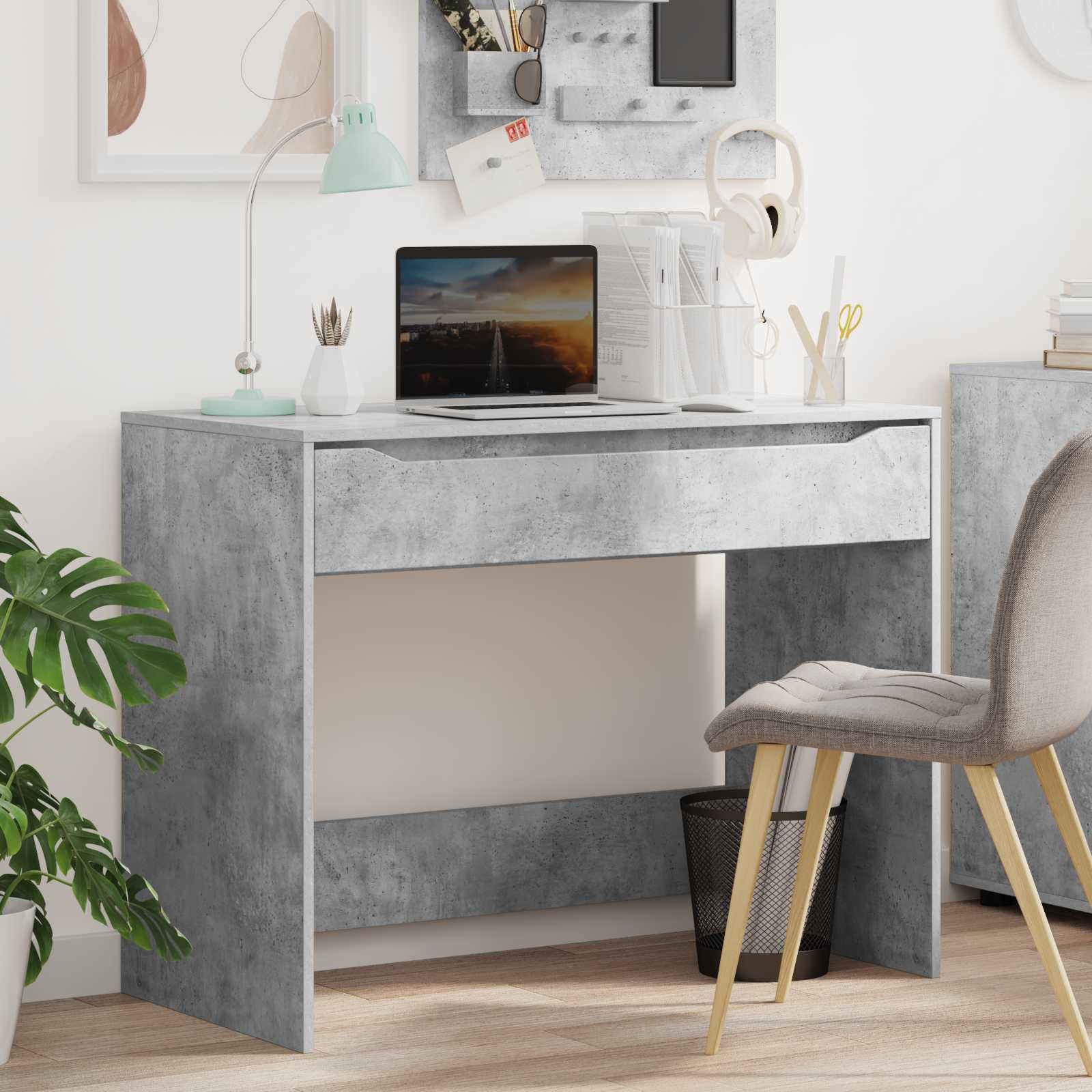 Skrivebord med skuffe - betongrå, 100 × 50 × 78 cm, konstrueret træ