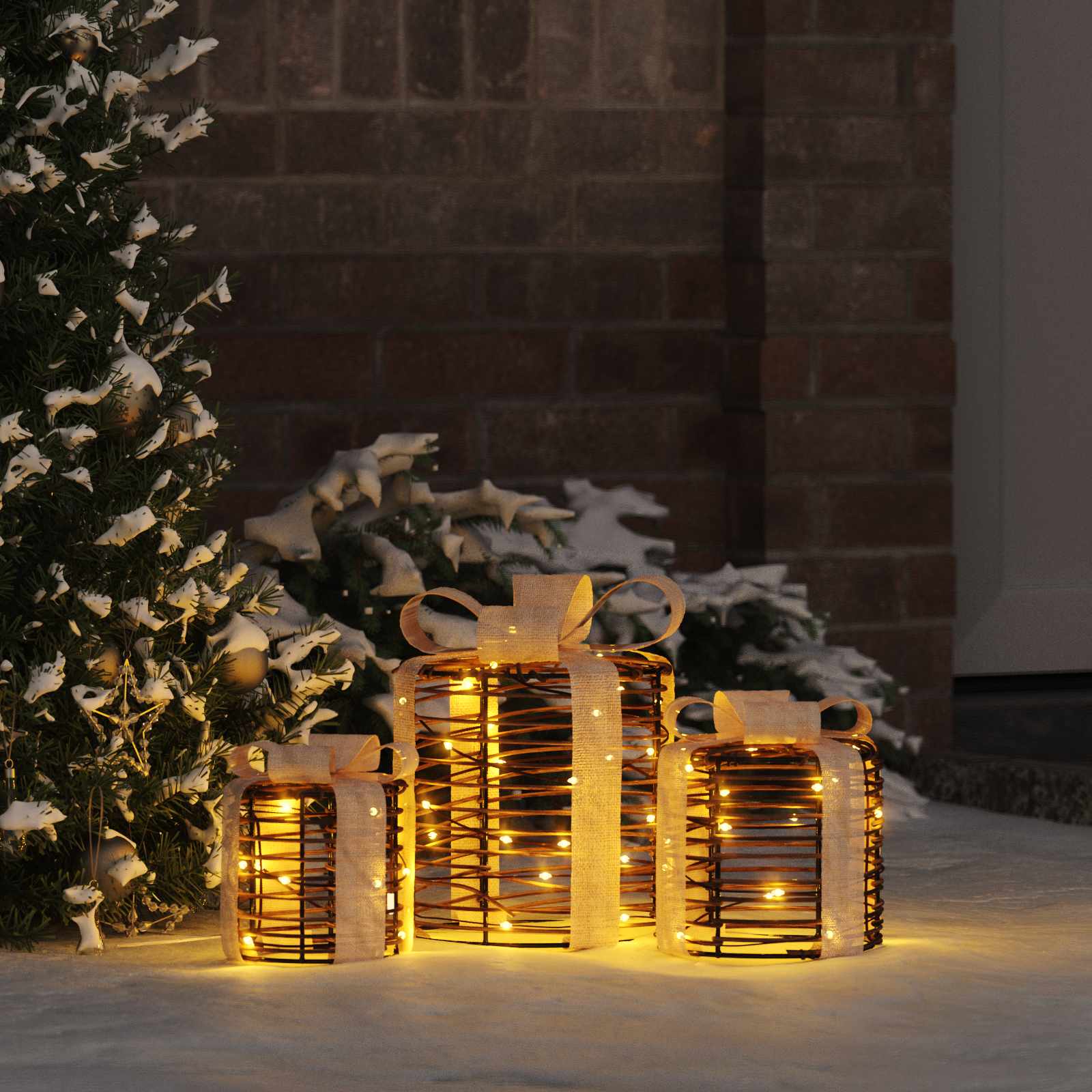 Gaveæske Dekoration 3 pcs Varm hvid 20 x 20 x 20 cm Rattan