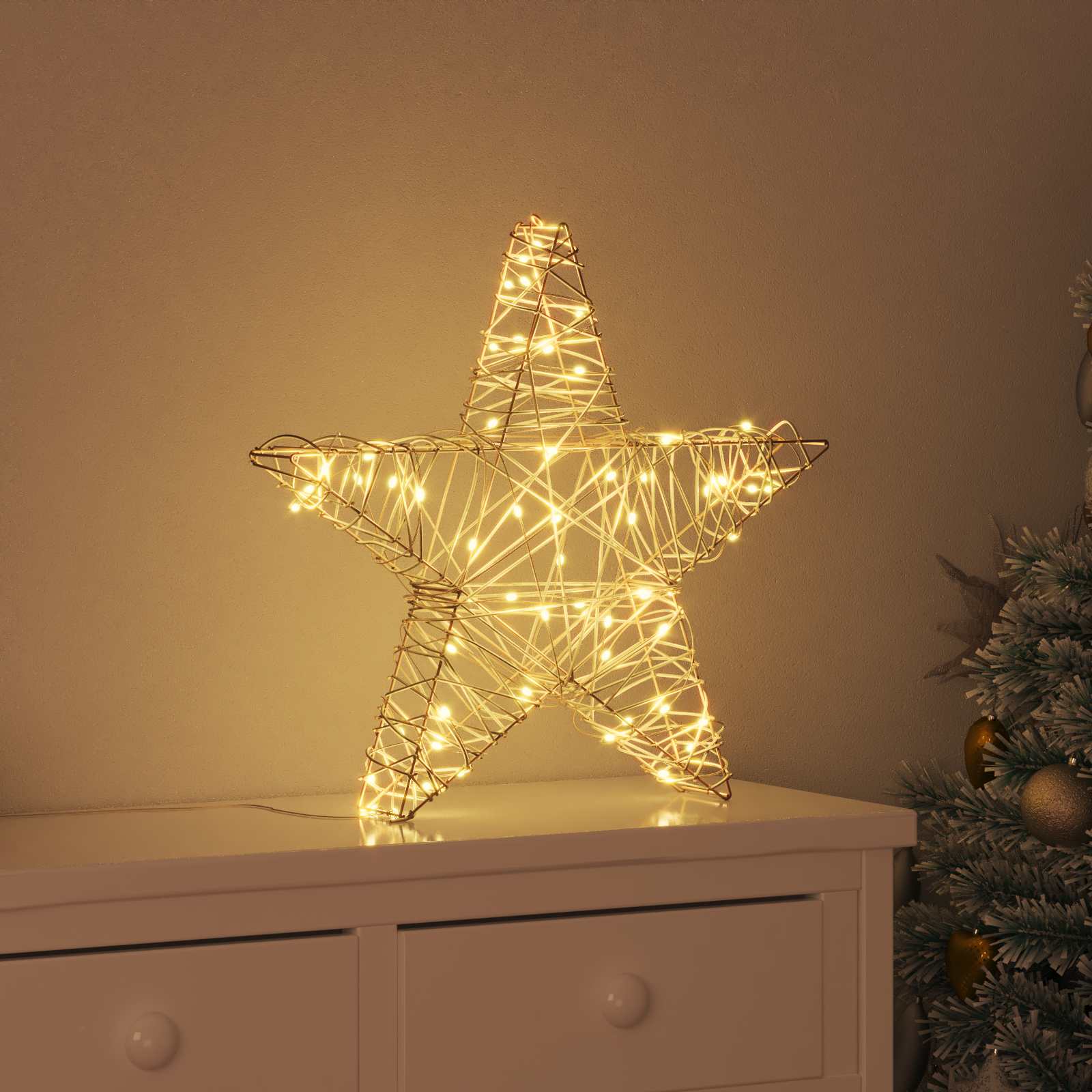 3D Stjerne med 50 LED'er Varm hvid 55 x 52,5 x 9 cm Rattan