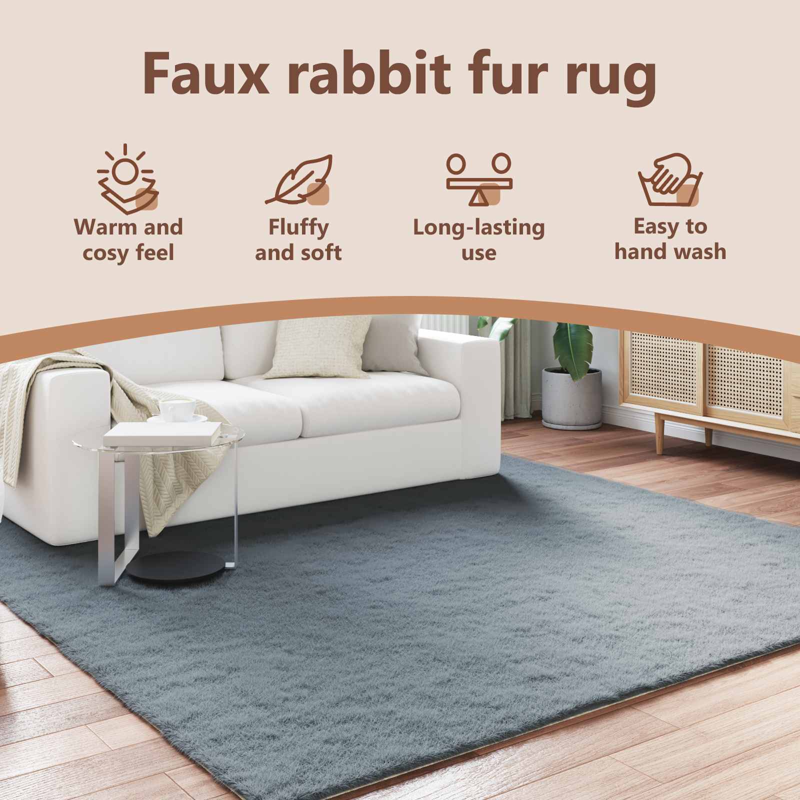 Skridsikker tæppe af kunstig kaninpels OLITE Antracit Polyester
