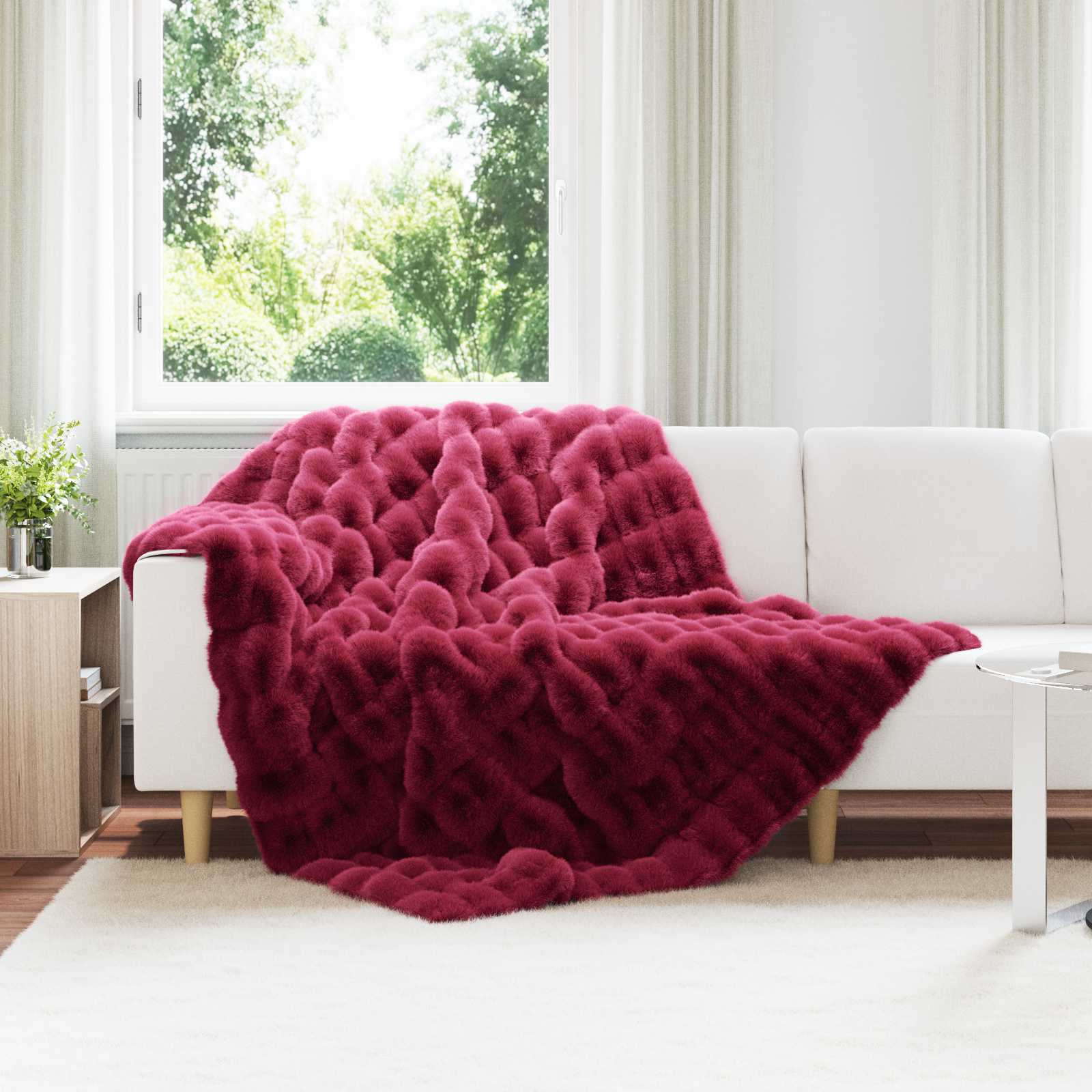 Faux Kanin Pels Tæppe 4 pcs Bordeaux Rød 150 x 220 cm Polyester