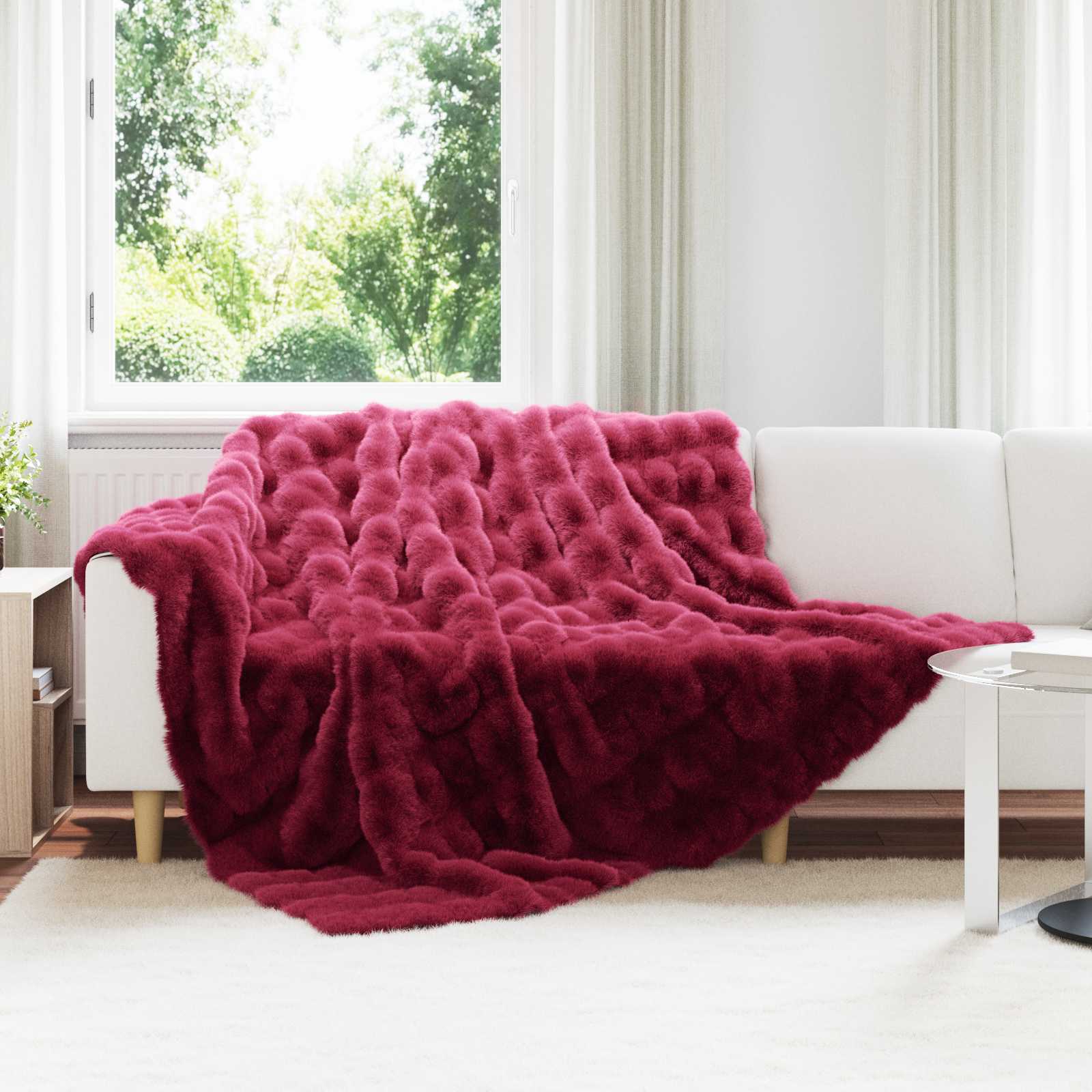 Faux Kanin Pels Tæppe 4 pcs Bordeaux Rød 220 x 240 cm Polyester