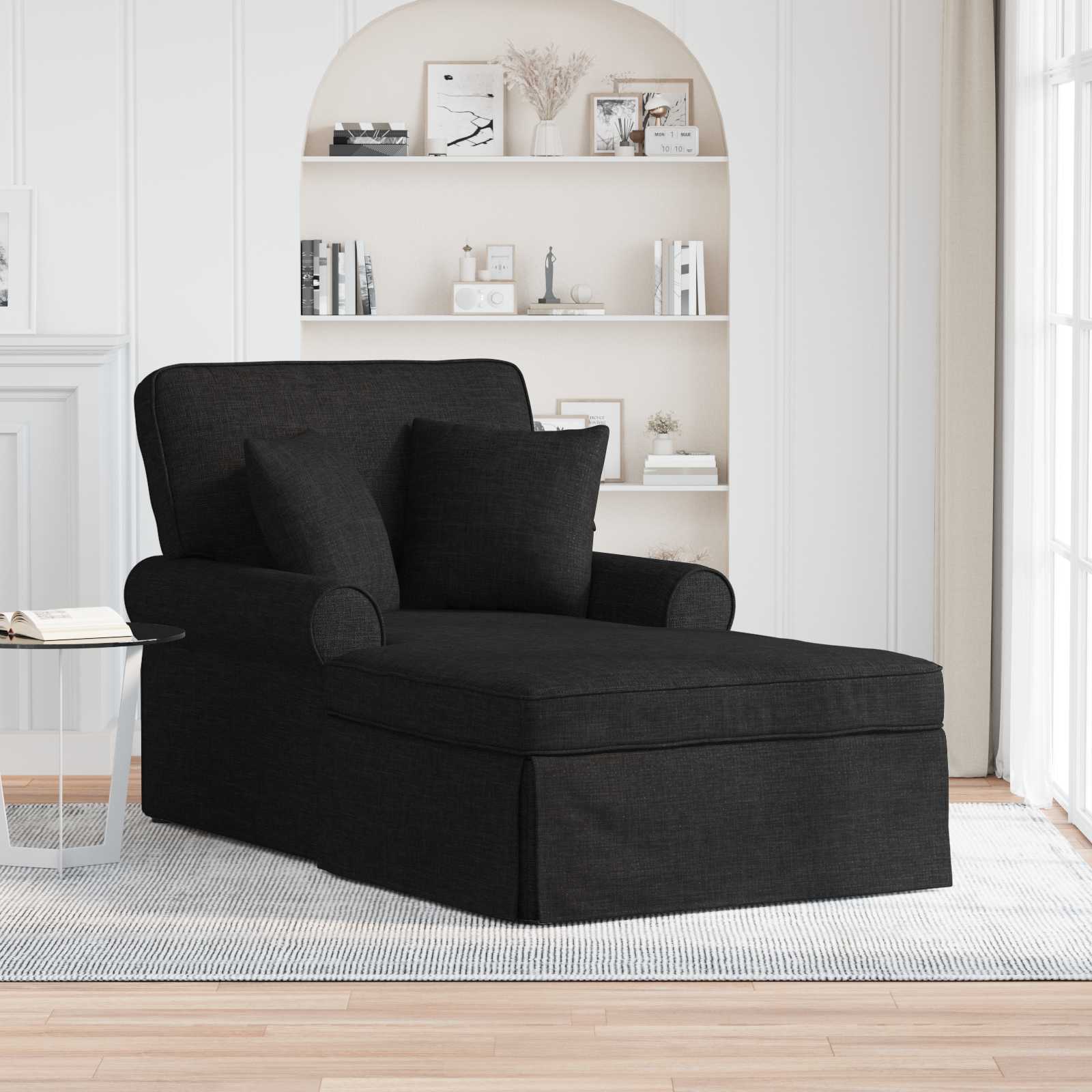 Chaiselong med skørt og 2 puder - sort stof, 91 × 157 × 91 cm