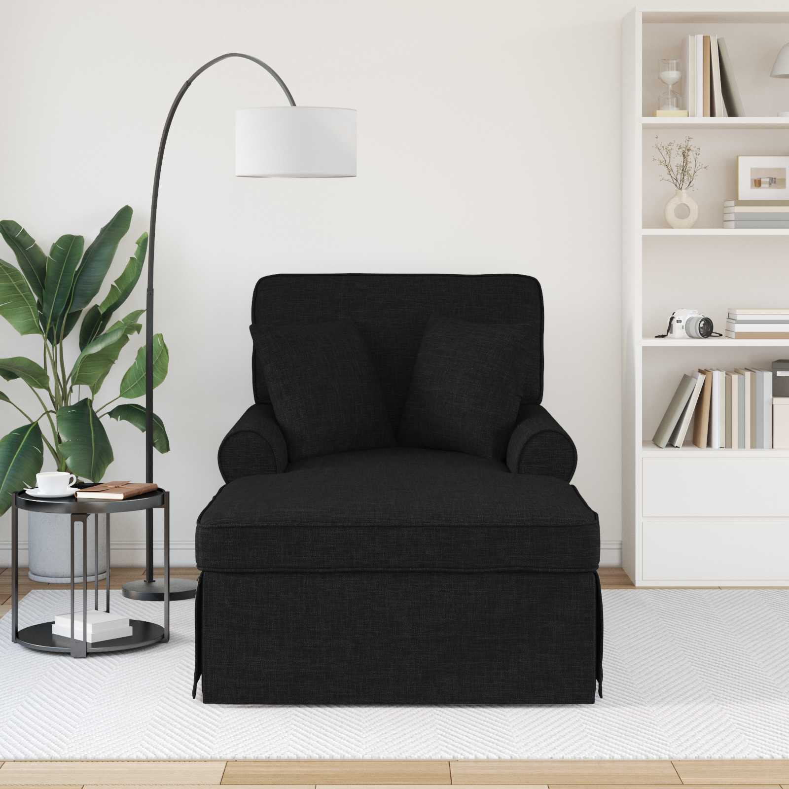 Chaise lounge med volant med pude med pude 3 pcs Sort Stof