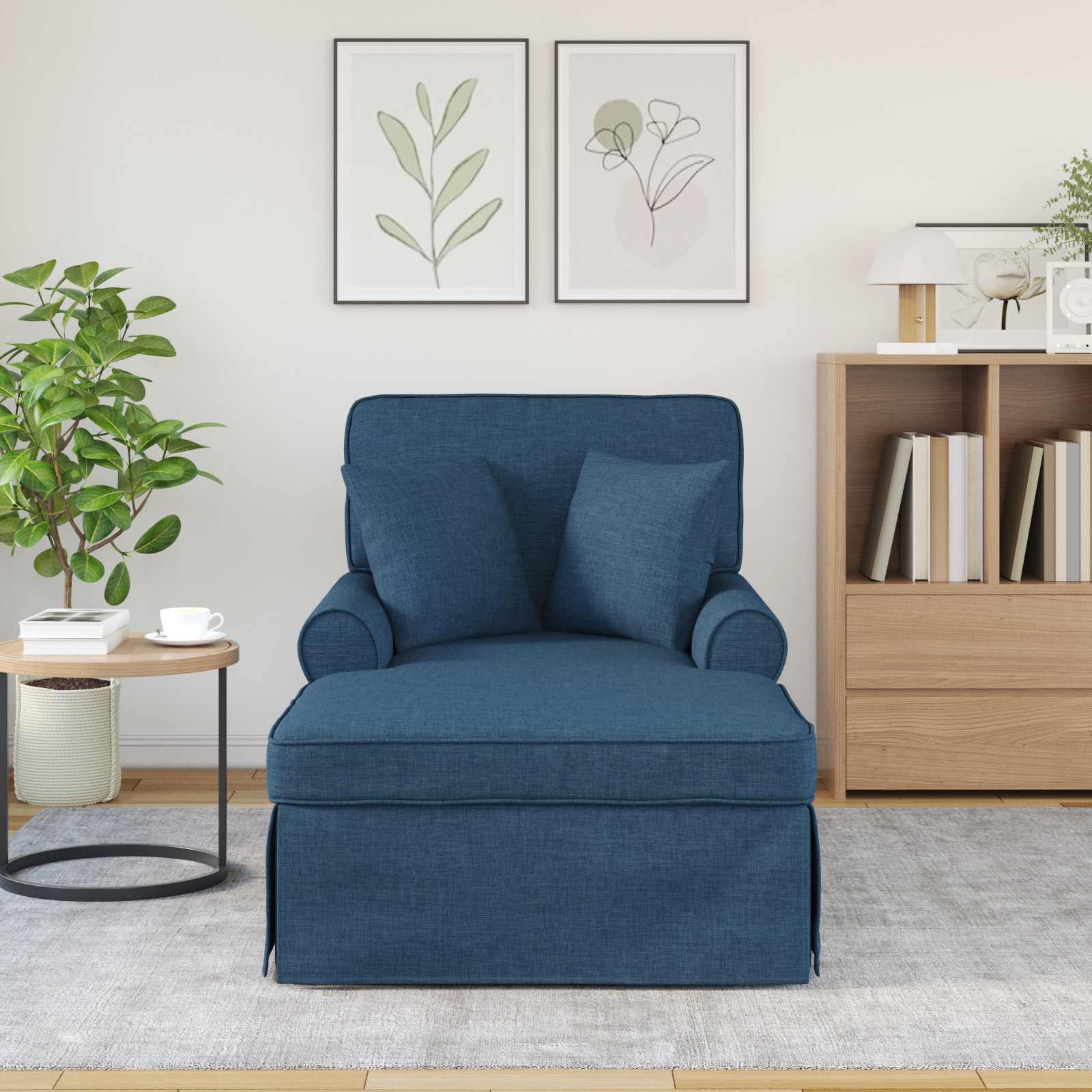 Chaise lounge med volant med pude med pude 3 pcs Blå Stof