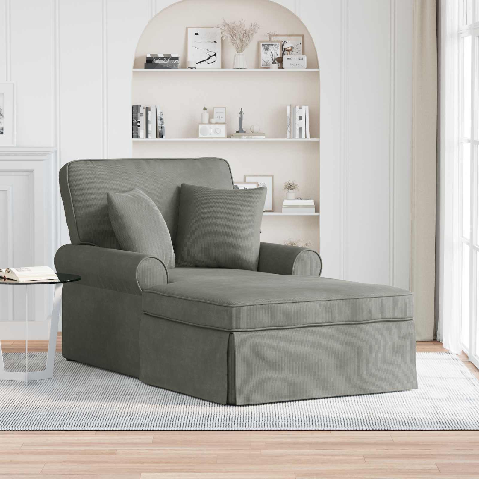 Chaise lounge med volant og 2 puder - lysegrå velour, 91 × 157 × 91 cm