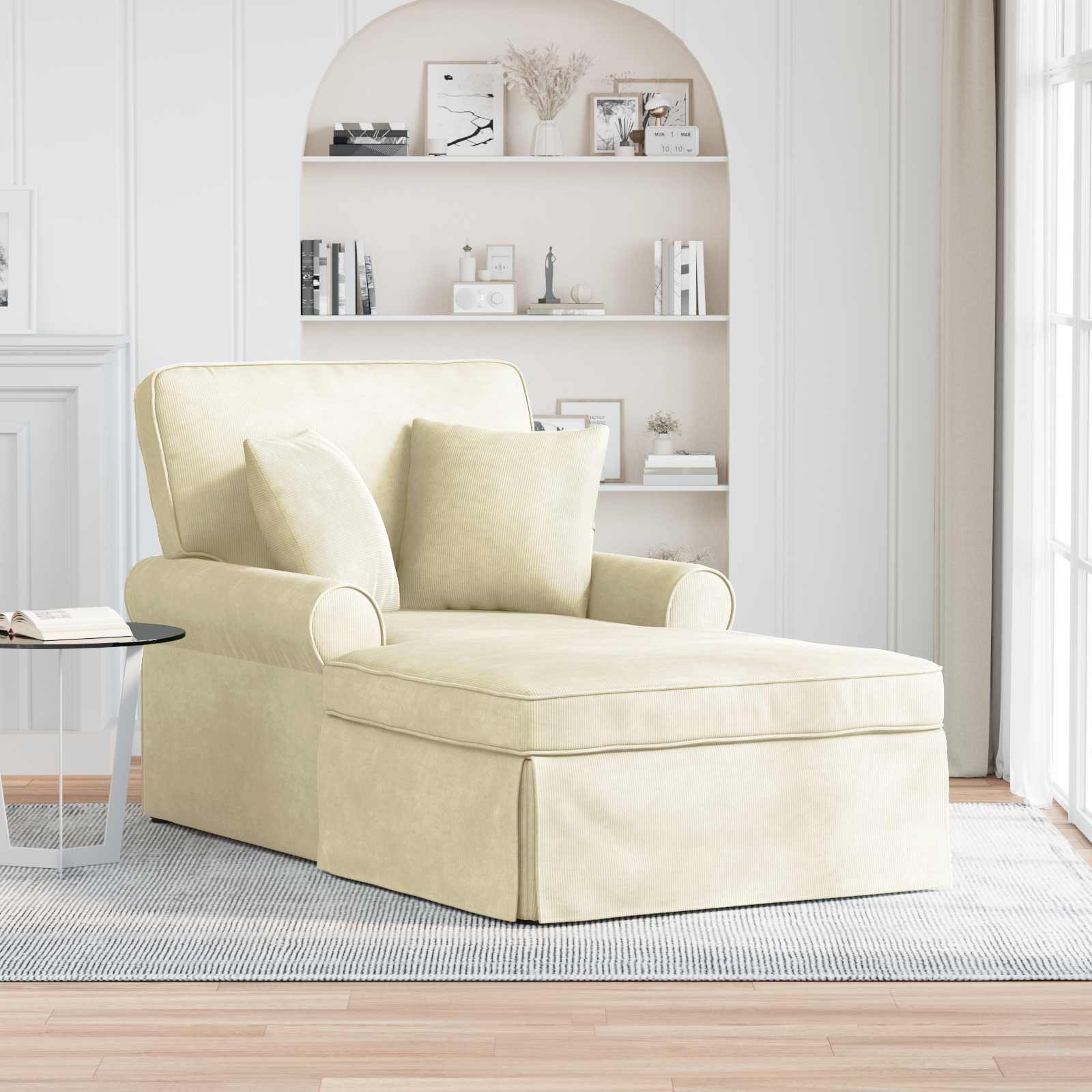 Chaise lounge med skørt og 2 puder - creme velour, 91 × 157 × 91 cm