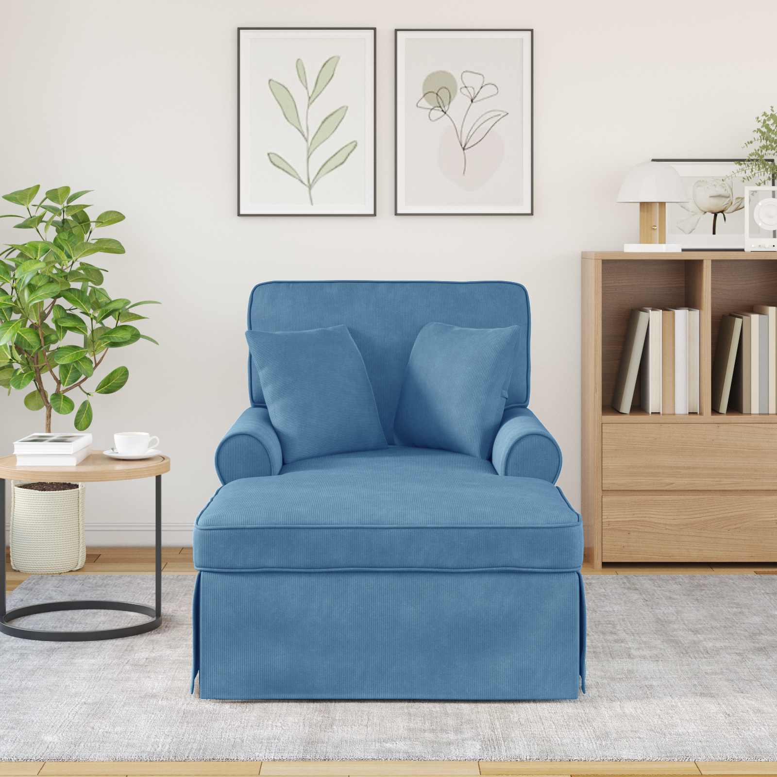 Chaise lounge med volant med pude med pude 3 pcs Blå Velourstof