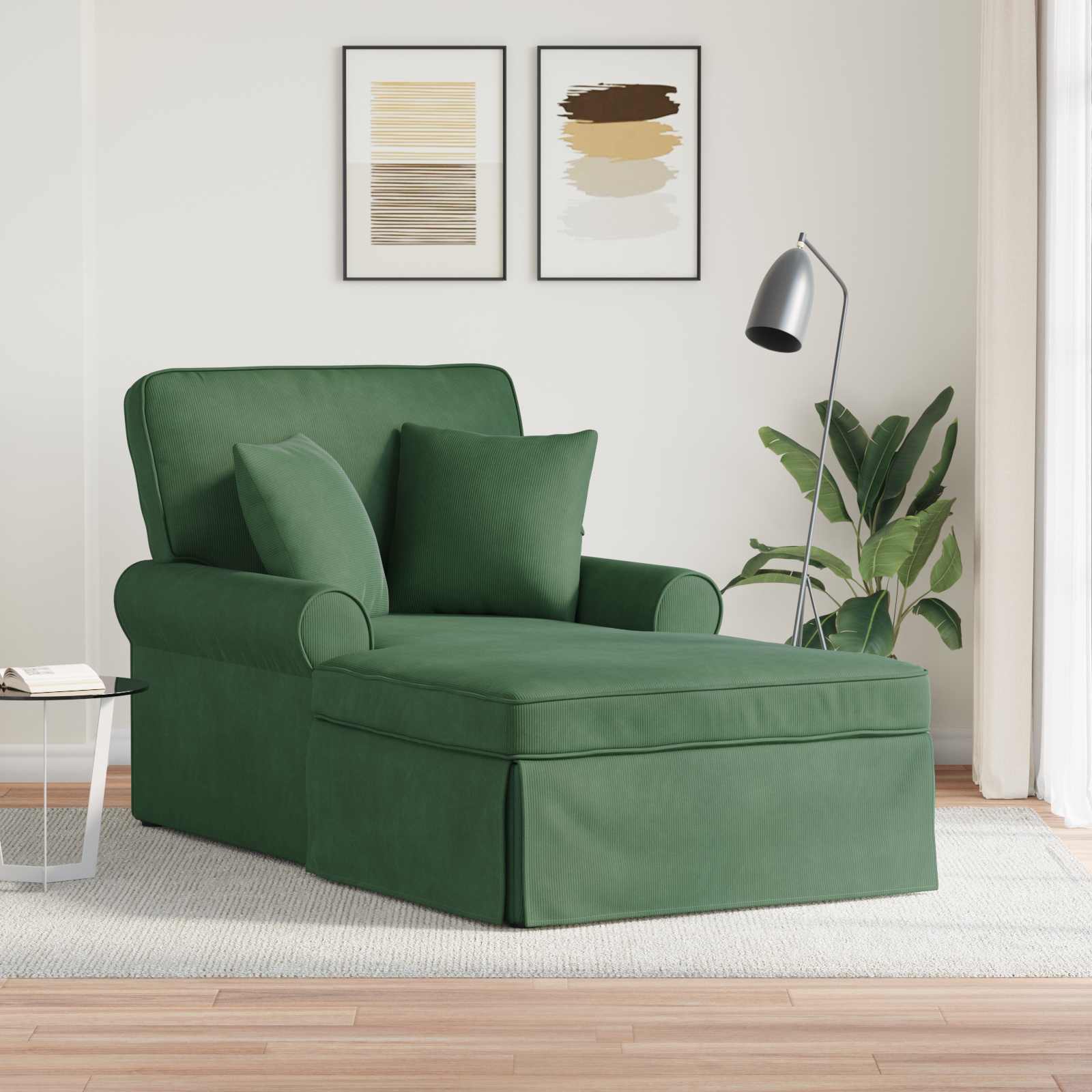 Chaise lounge med volant og 2 puder - junglegrøn velour, 91 × 157 × 91 cm