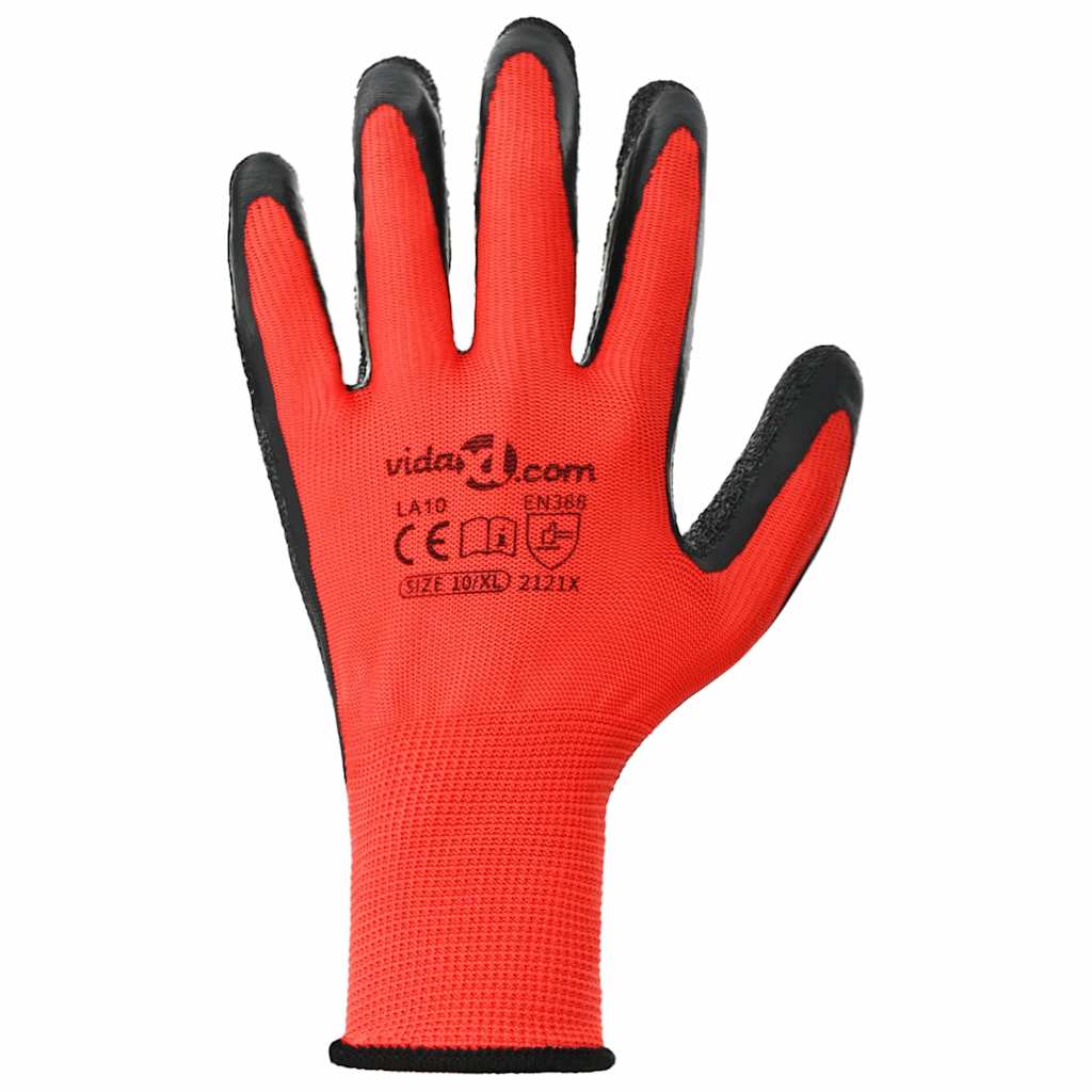 Arbejds handsker 12 pcs Rød og Sort 10 / xl Latexbelægning
