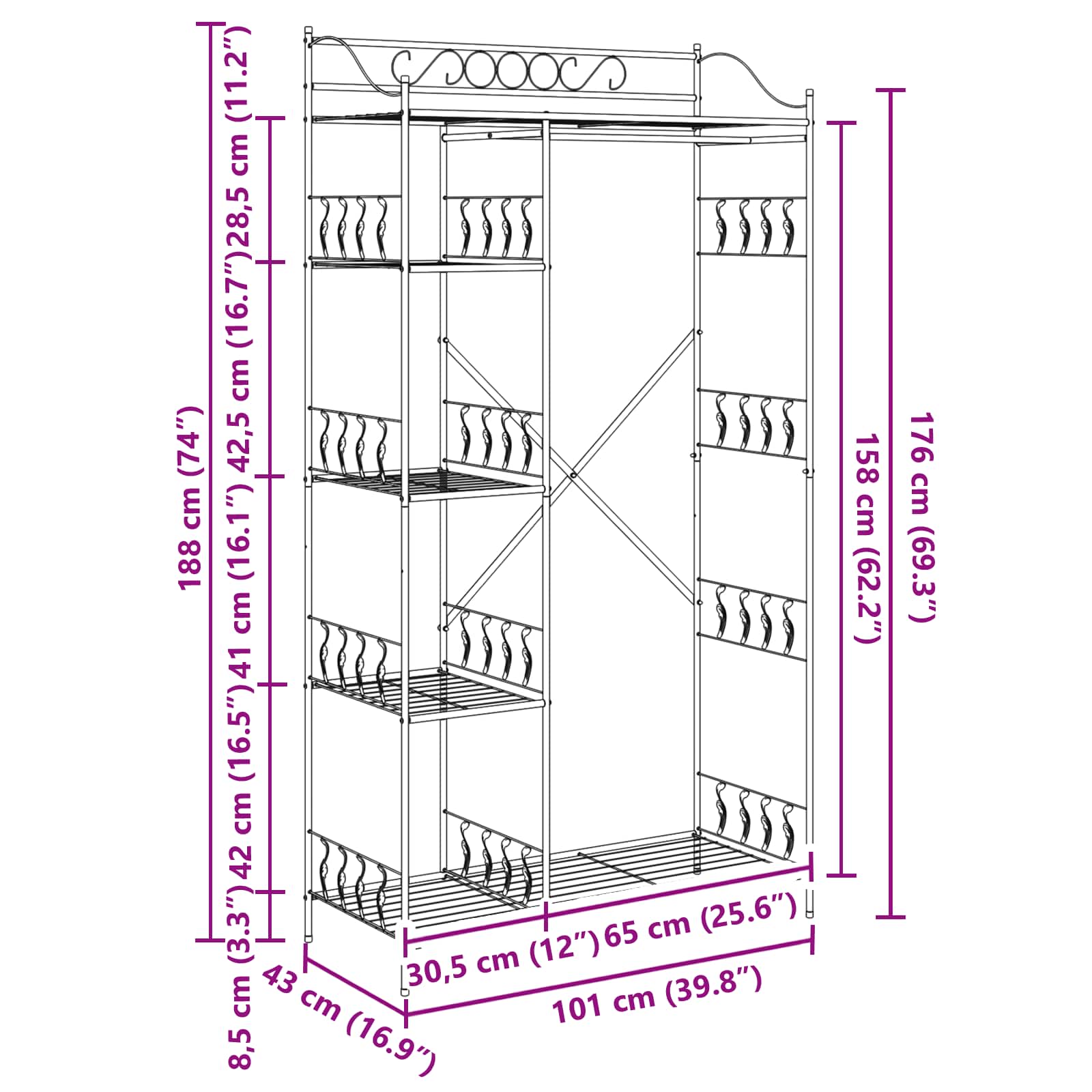 Åben Garderobe med hylde Sort 100 x 43 x 188 cm Stål