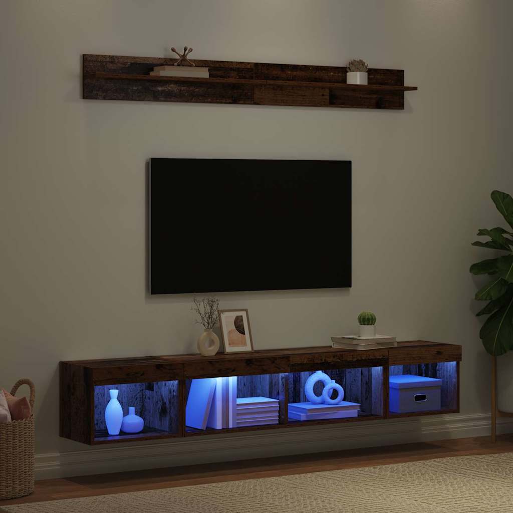 Tv vægskab sæt med LED 5 pcs Gammelt træ Konstrueret træ