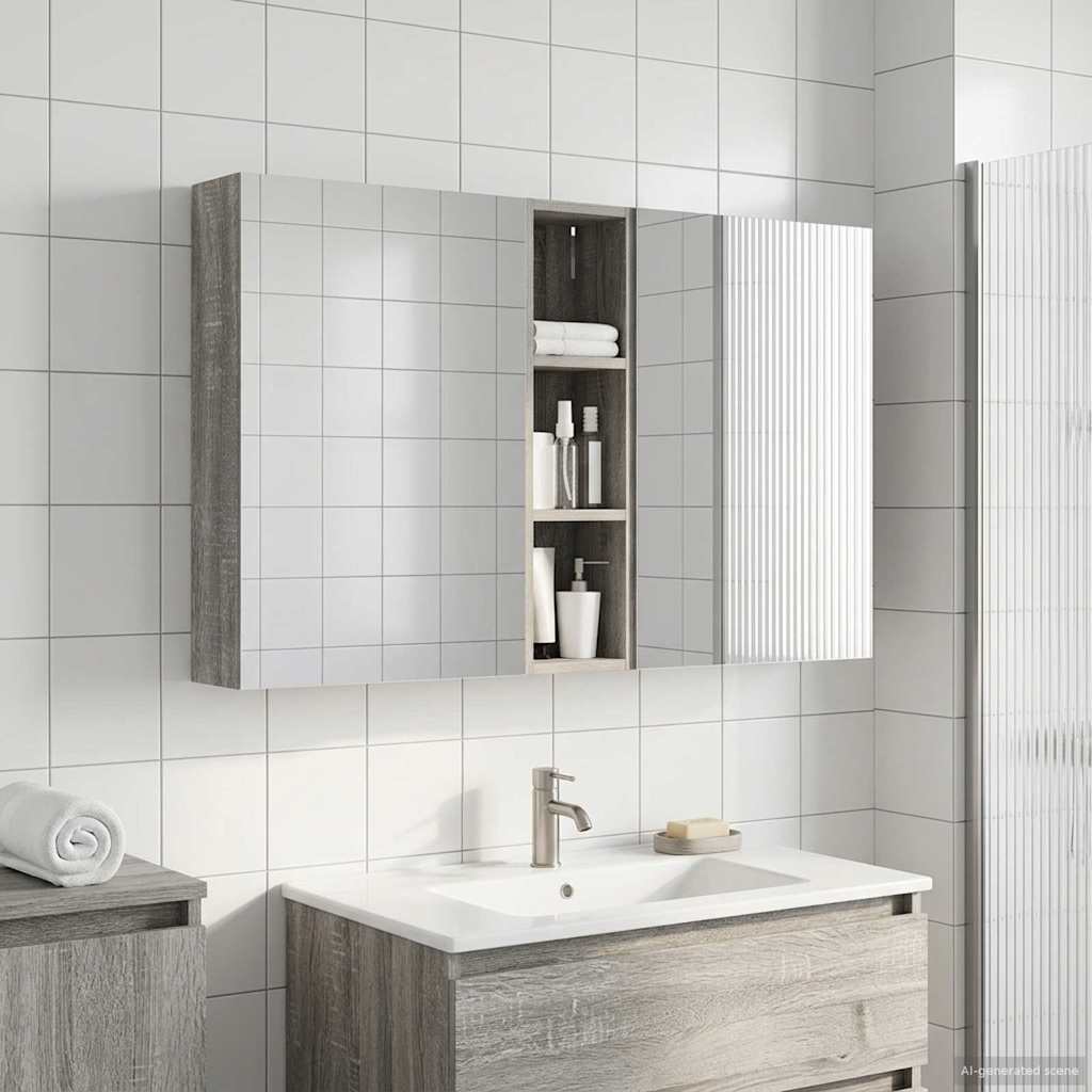 Badeværelsesskabsæt med LED og tovejs spejl - 120 × 14,5 × 70 cm, konstrueret træ, vægmonteret