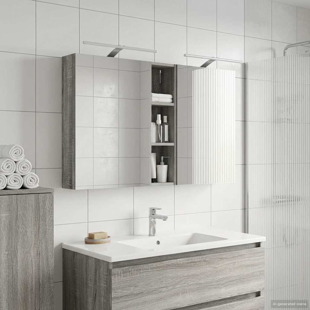 Badeværelsesskabsæt med spejl og LED - 3 dele, 120 × 14,5 × 70 cm, konstrueret træ