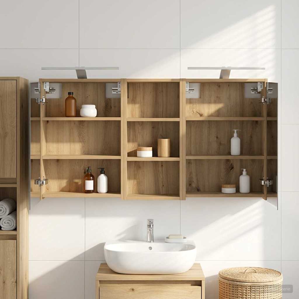 Badeværelsesskabsæt med spejl og LED - 3 dele, 116 × 16 × 62,5 cm, konstrueret træ