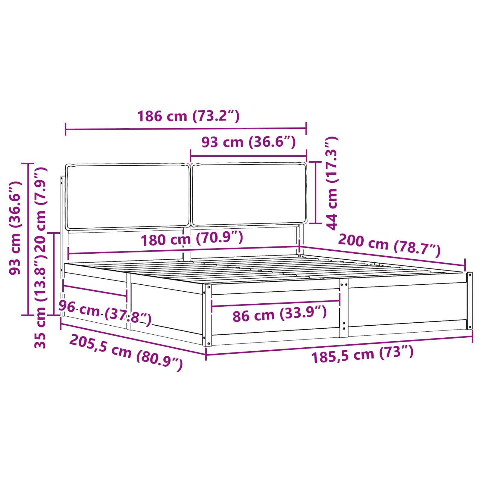 Sengestel med Polstret Hovedgavl Sort 180 x 200 cm