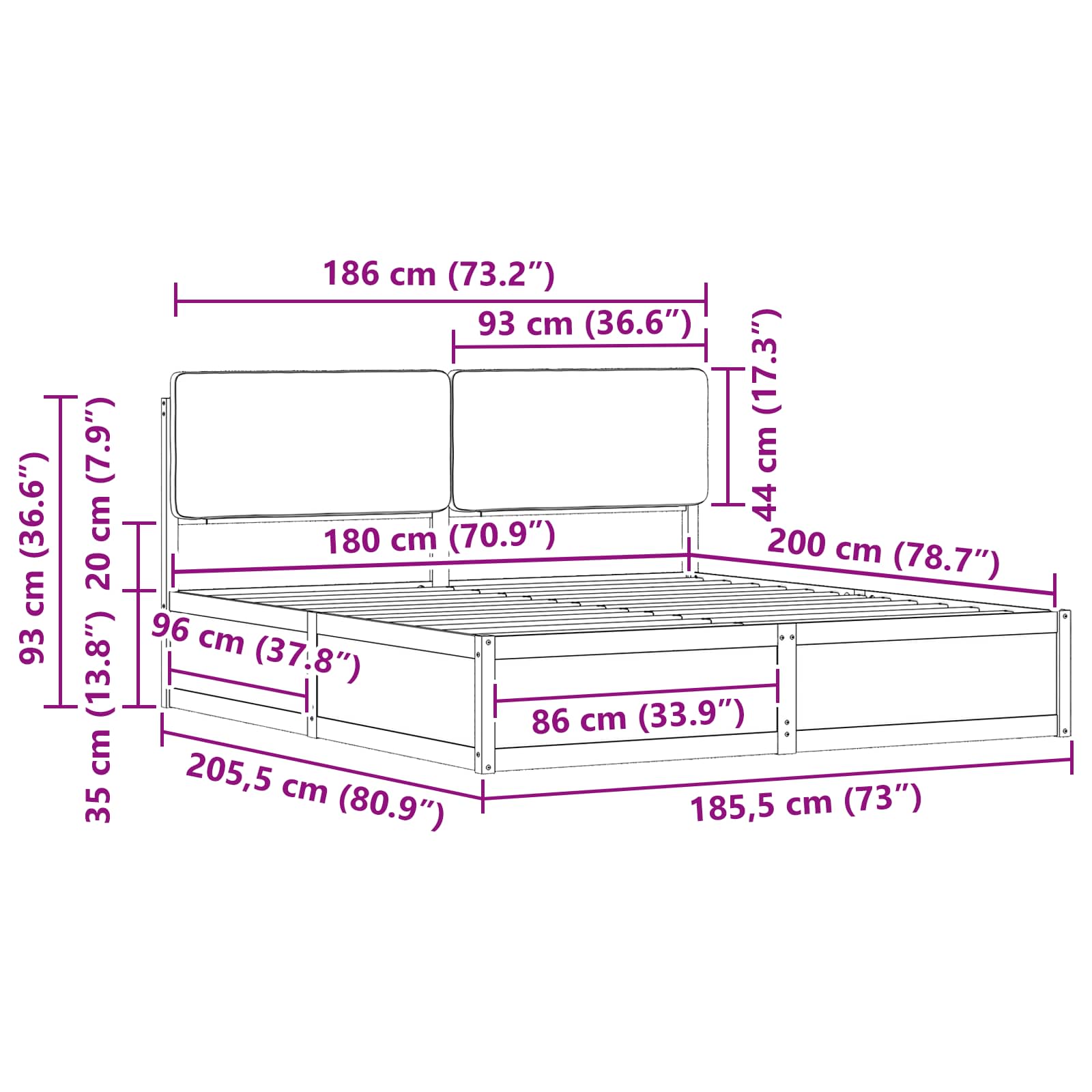 Sengestel med Polstret Hovedgavl Sort 180 x 200 cm