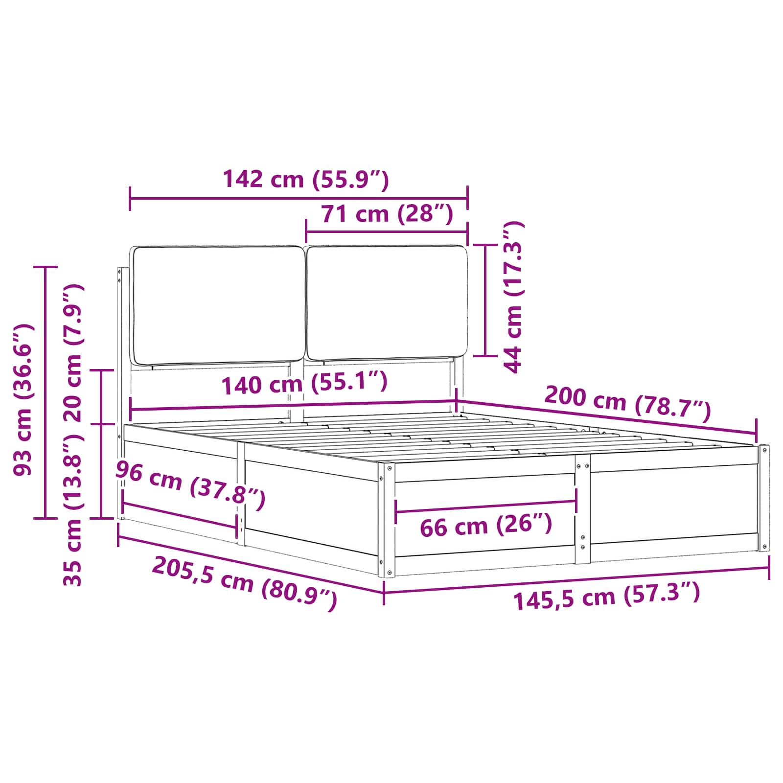Sengestel med Polstret Hovedgavl Sort 140 x 200 cm
