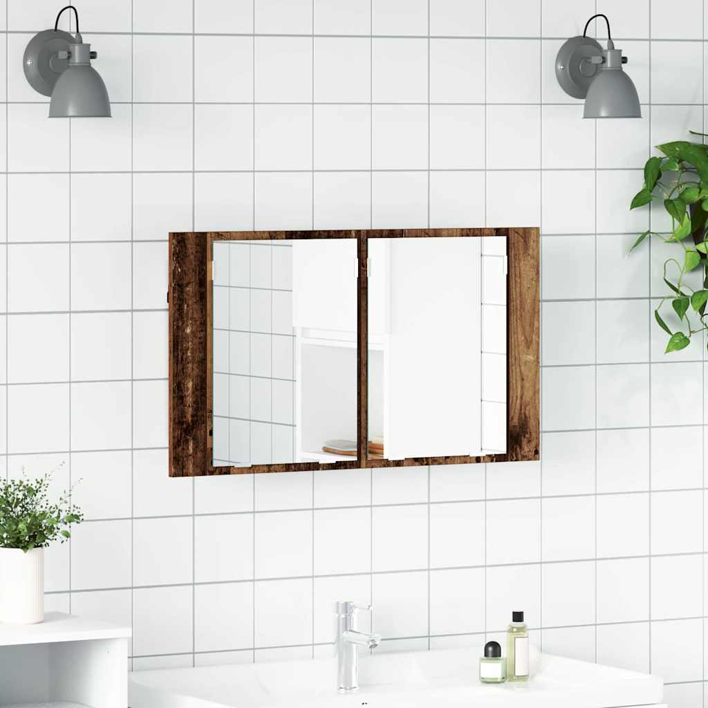 Badeværelsesspejlskab med LED og hylder - gammelt træ, 80 × 12 × 45 cm