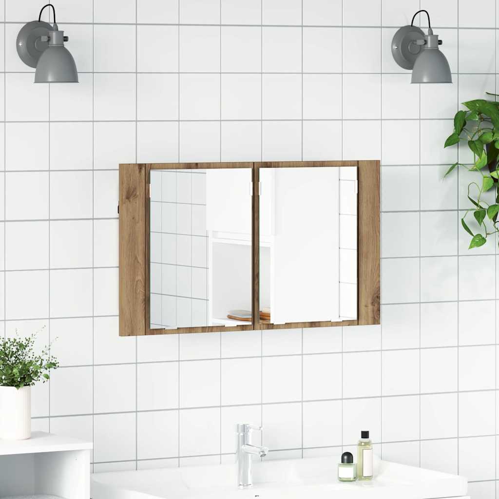 LED badeværelsesspejlskab med hylder - artisan egetræ, 80 × 12 × 45 cm