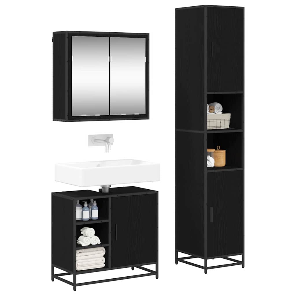 Badeværelsesmøbel sæt med hylde 3 pcs Sort eg Konstrueret træ