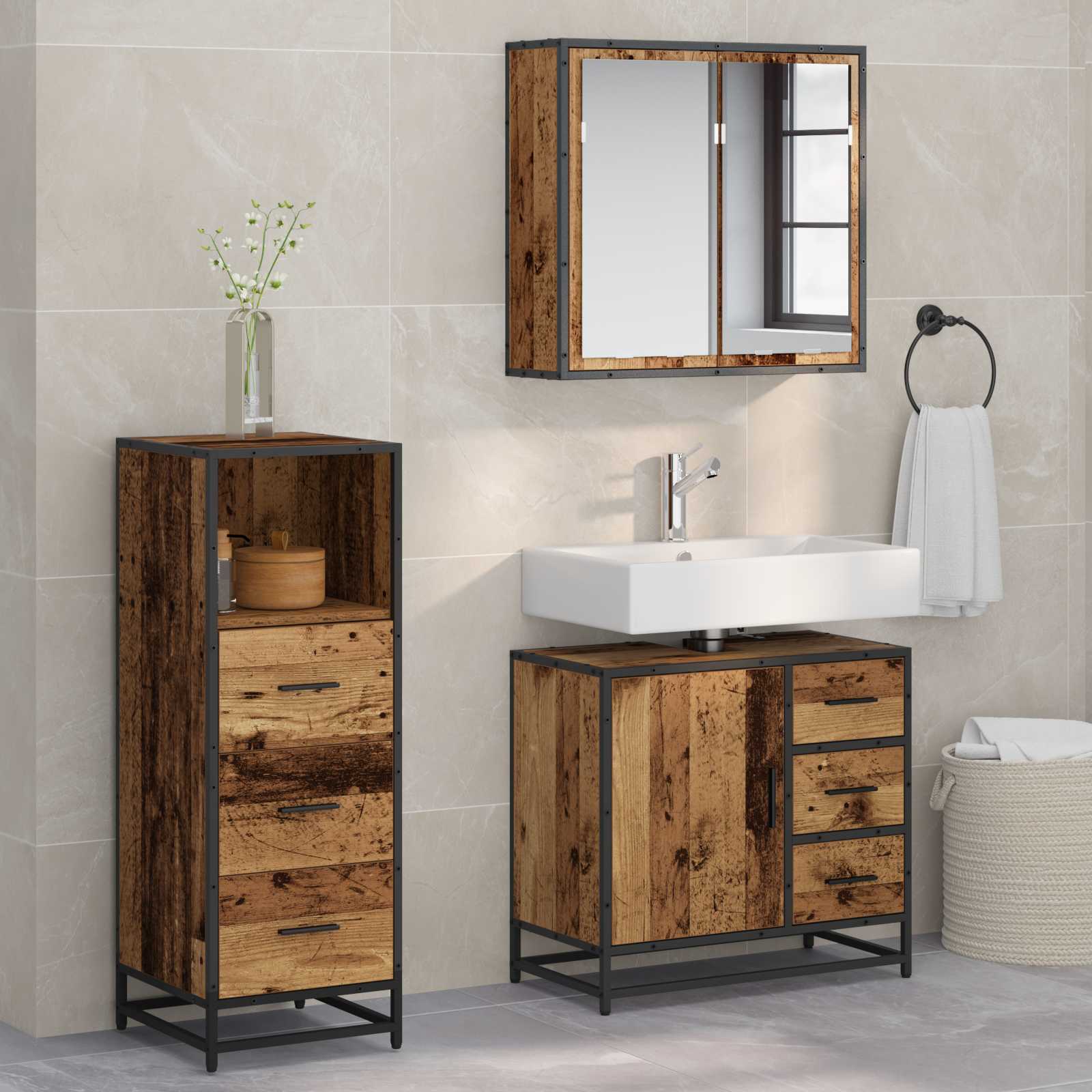 Badeværelsesmøbel sæt med dør 3 pcs Gammelt træ Konstrueret træ billede