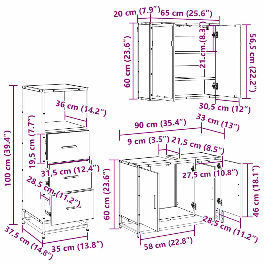 Badeværelsesmøbel sæt 3 pcs Artisan Egetræ Konstrueret træ