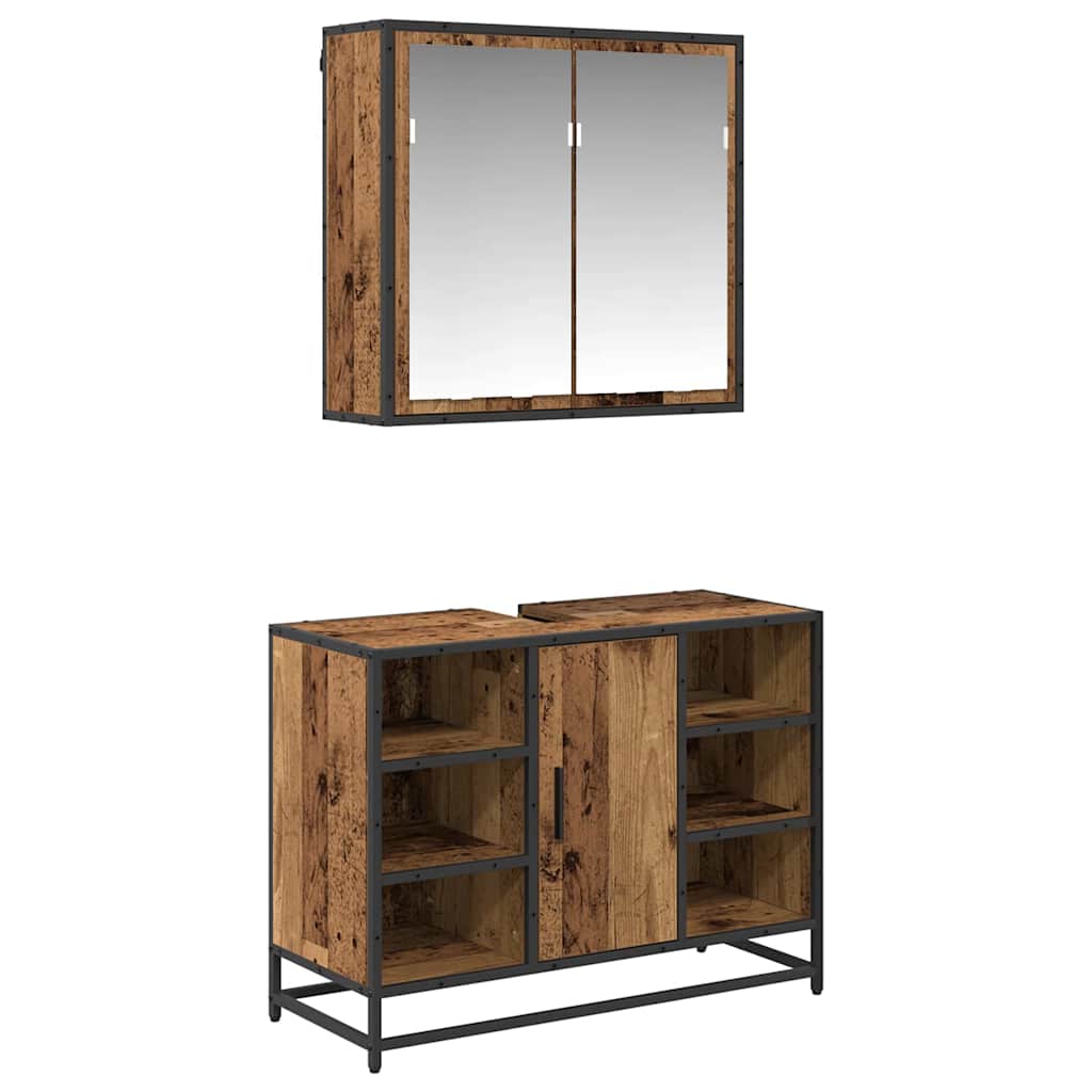 Badeværelsesmøbel sæt med dør 2 pcs Gammelt træ Konstrueret træ