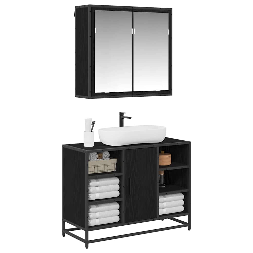 Badeværelsesmøbel sæt med hylde 2 pcs Sort eg Konstrueret træ