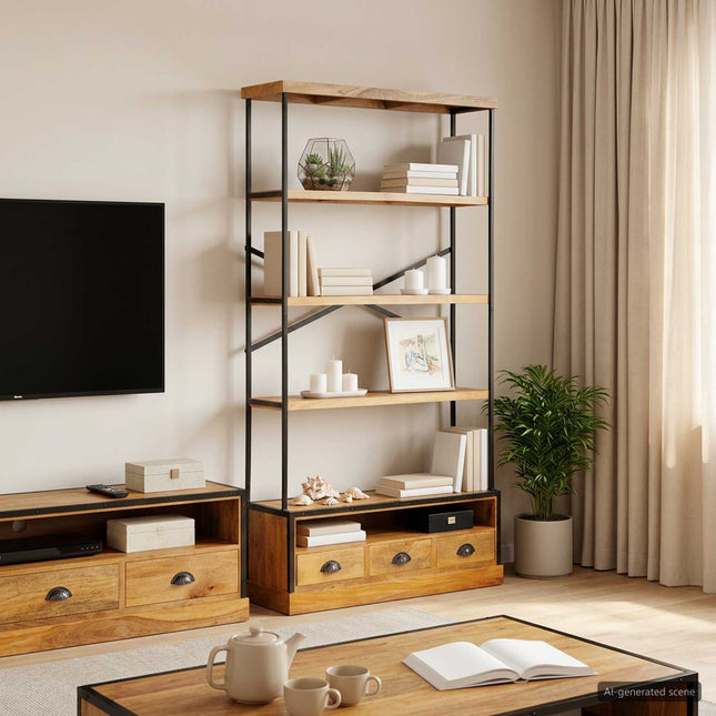 5-etagers bogreol Naturfarvet 100 x 30 x 180 cm