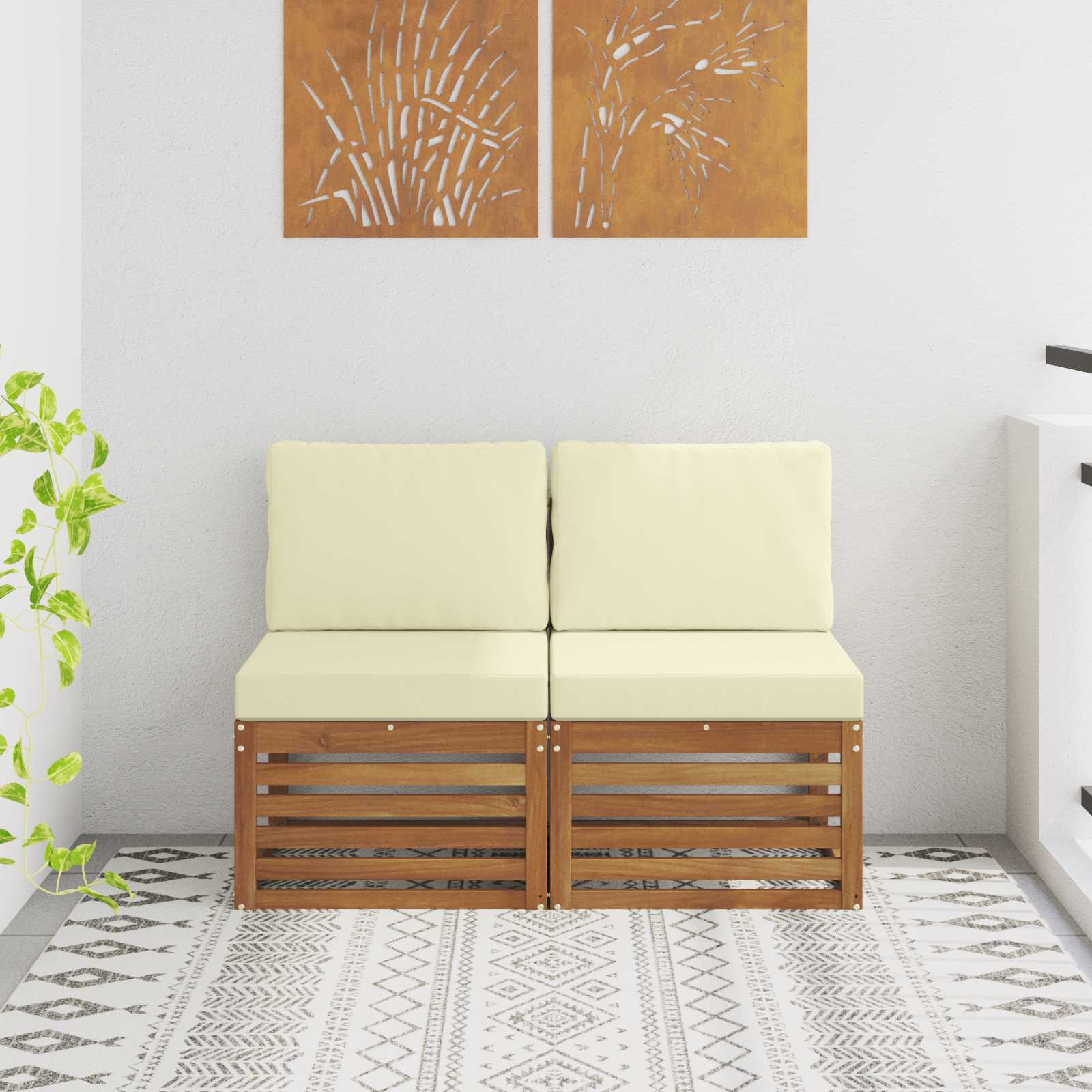 2 Stk Udendørs Mellem Sofa Massivt Akacietræ Naturfarvet