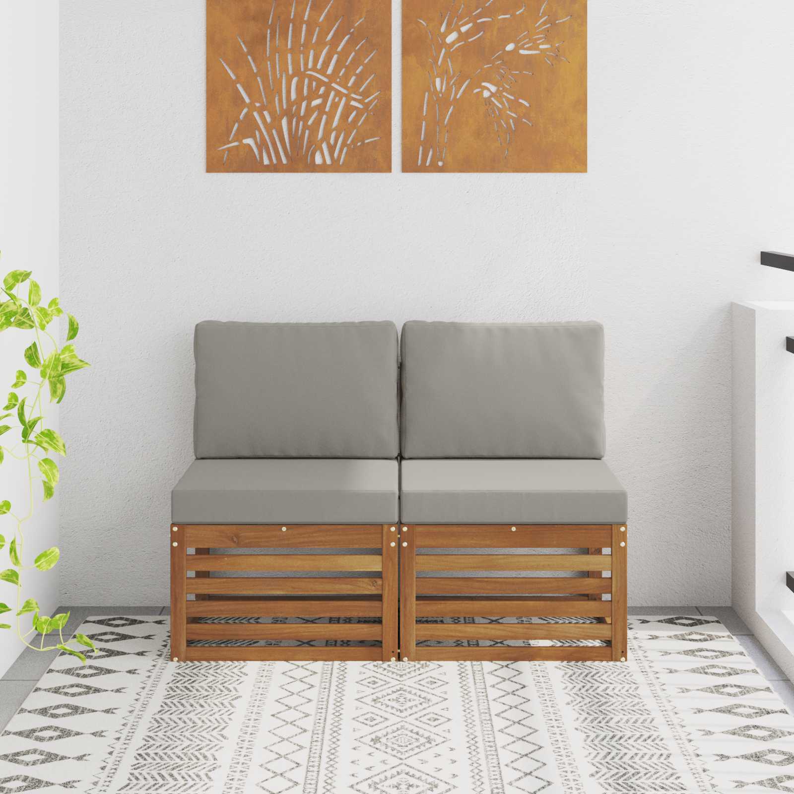2 Stk Udendørs Mellem Sofa Massivt Akacietræ Naturfarvet