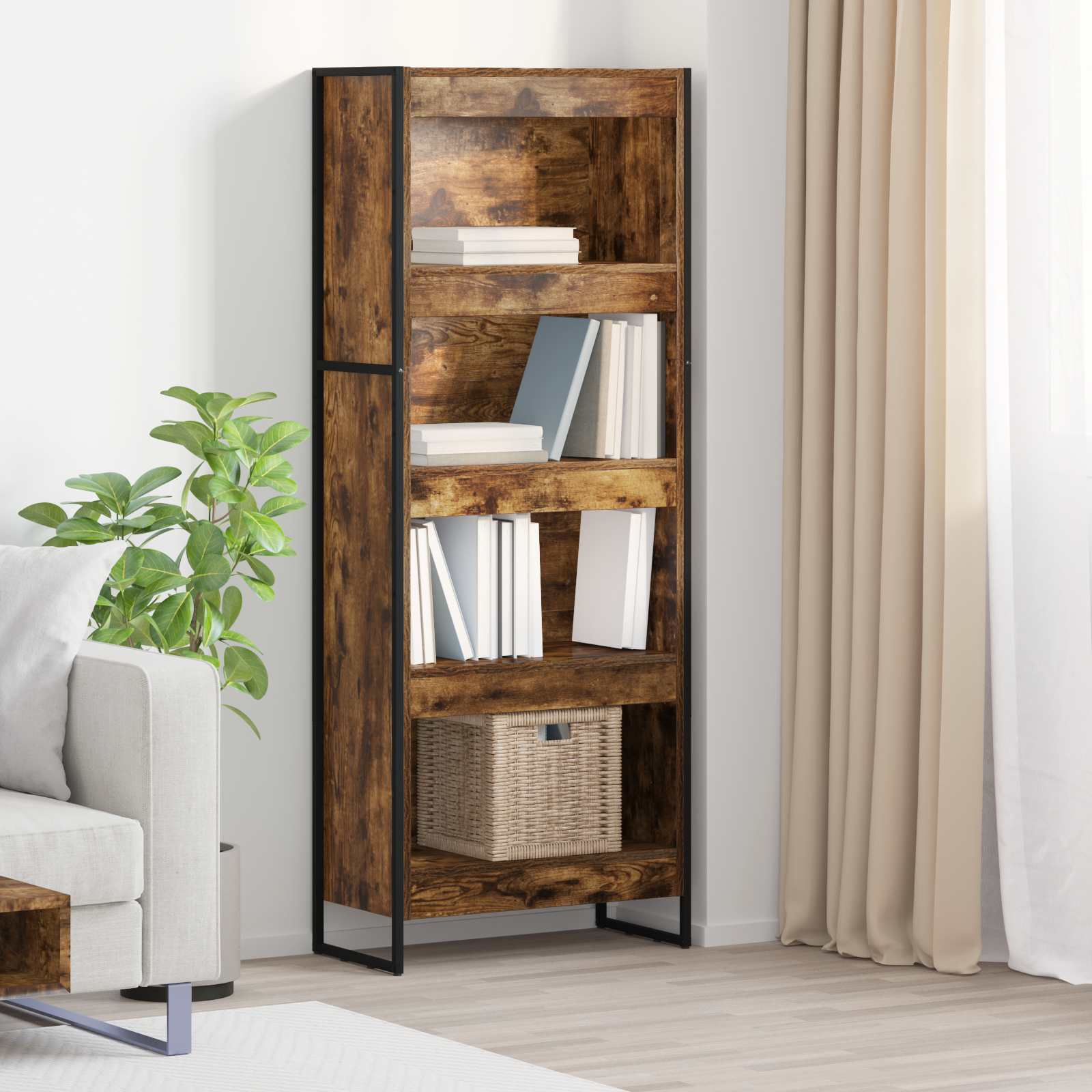 Bogskab i røget eg - 60 × 30 × 155 cm, konstrueret træ med stålramme