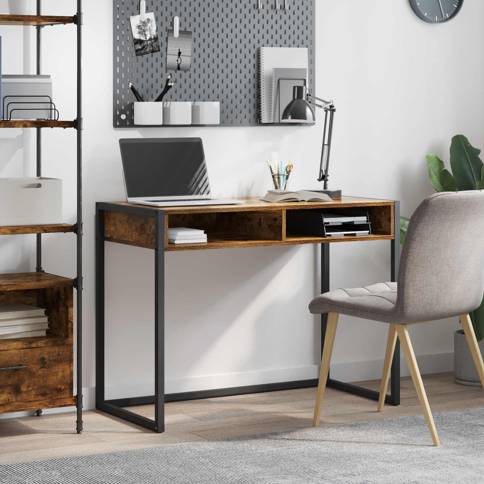 Skrivebord med opbevaring - røget eg, 100 × 50 × 75 cm, konstrueret træ