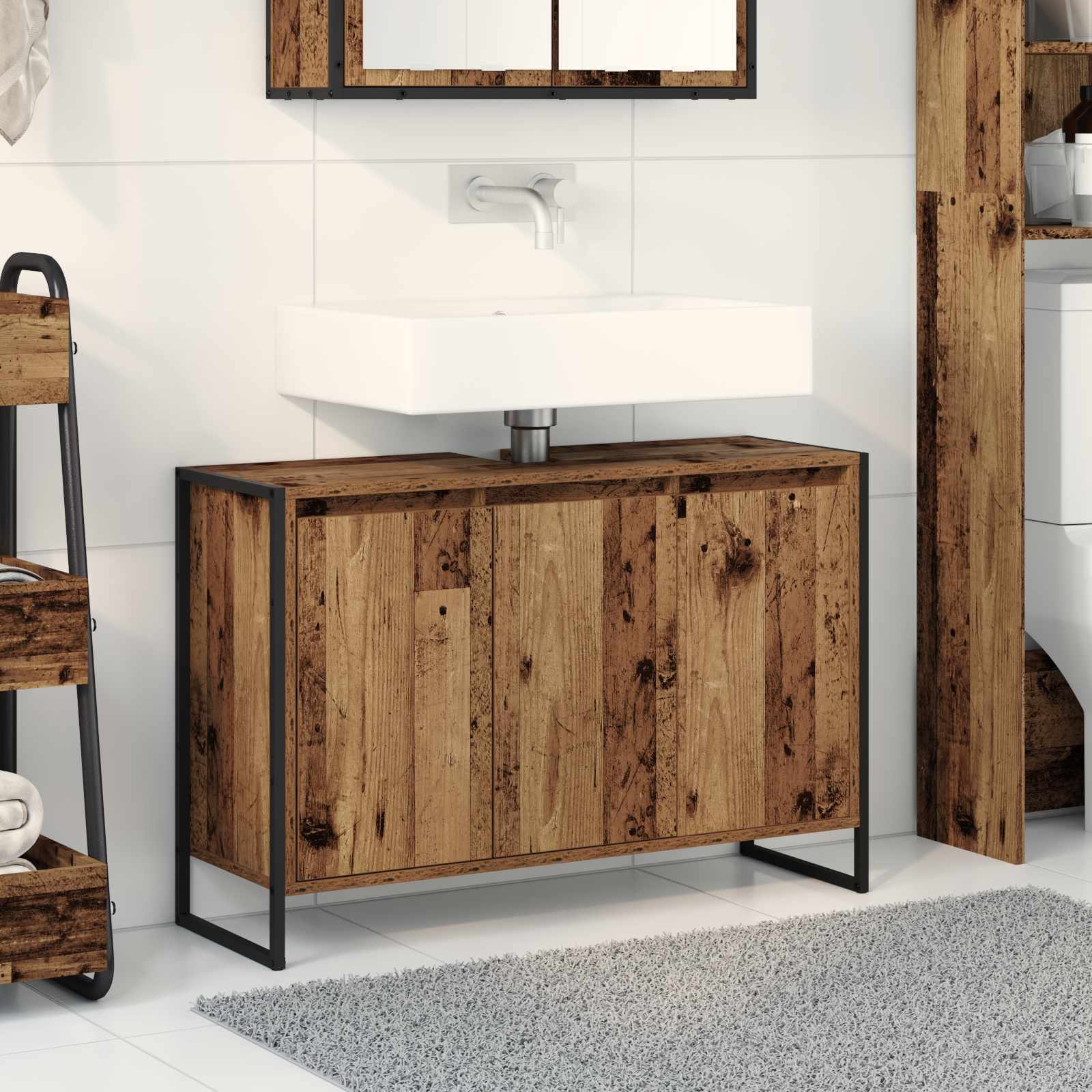 Badeværelsesskab i gammelt trælook 90 × 30 × 60 cm - konstrueret træ med stålben
