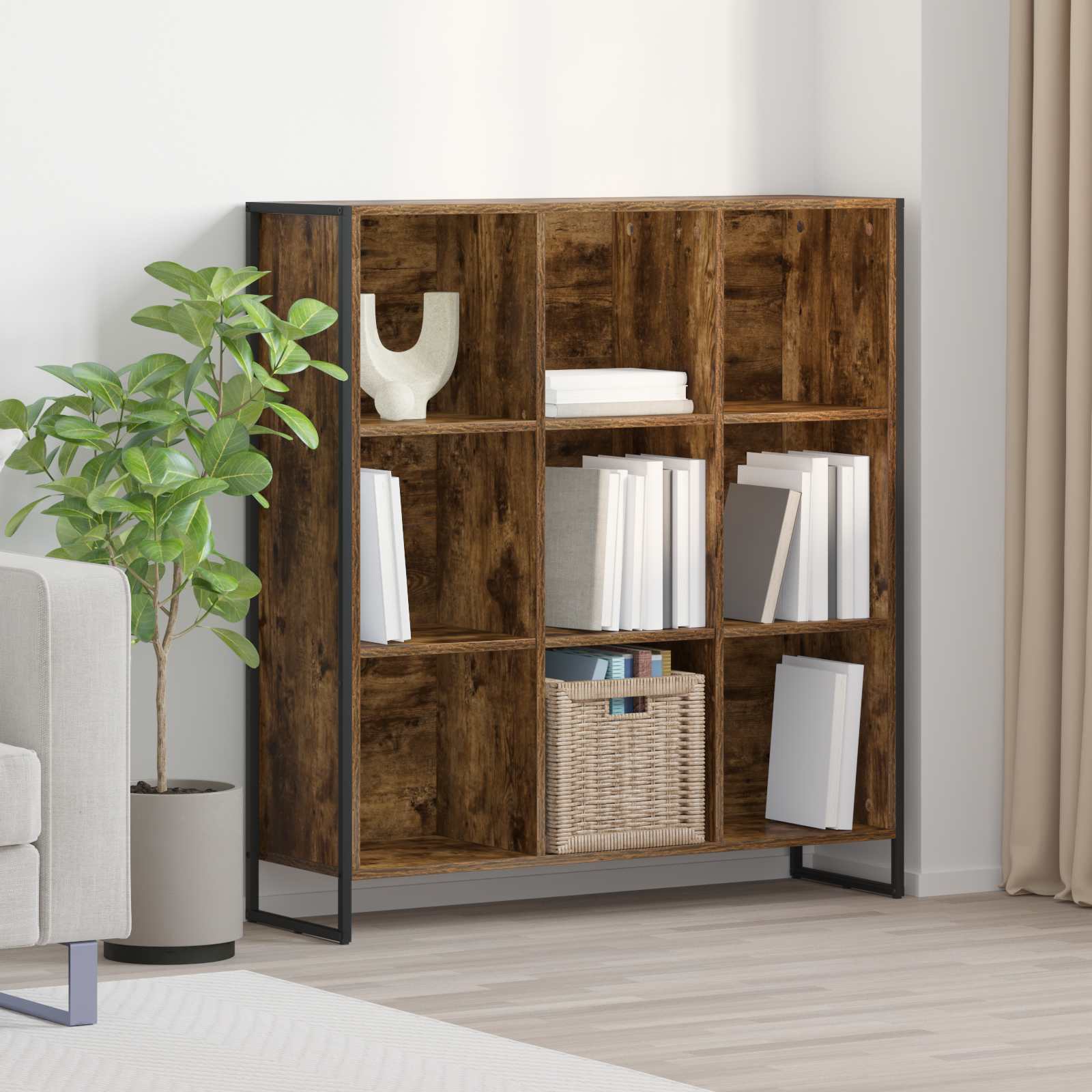 Bogskab i røget eg - 99,5 × 30 × 108,5 cm, konstrueret træ, industriel reol med 9 rum