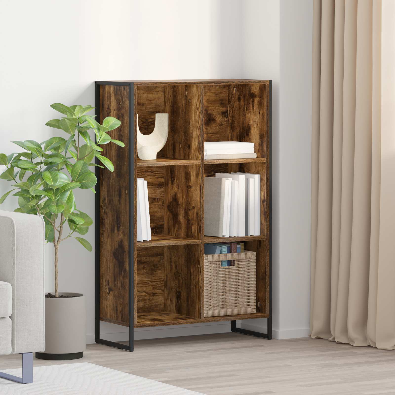 Bogskab i røget eg - 6 rum, 99,5 × 30 × 108,5 cm, konstrueret træ