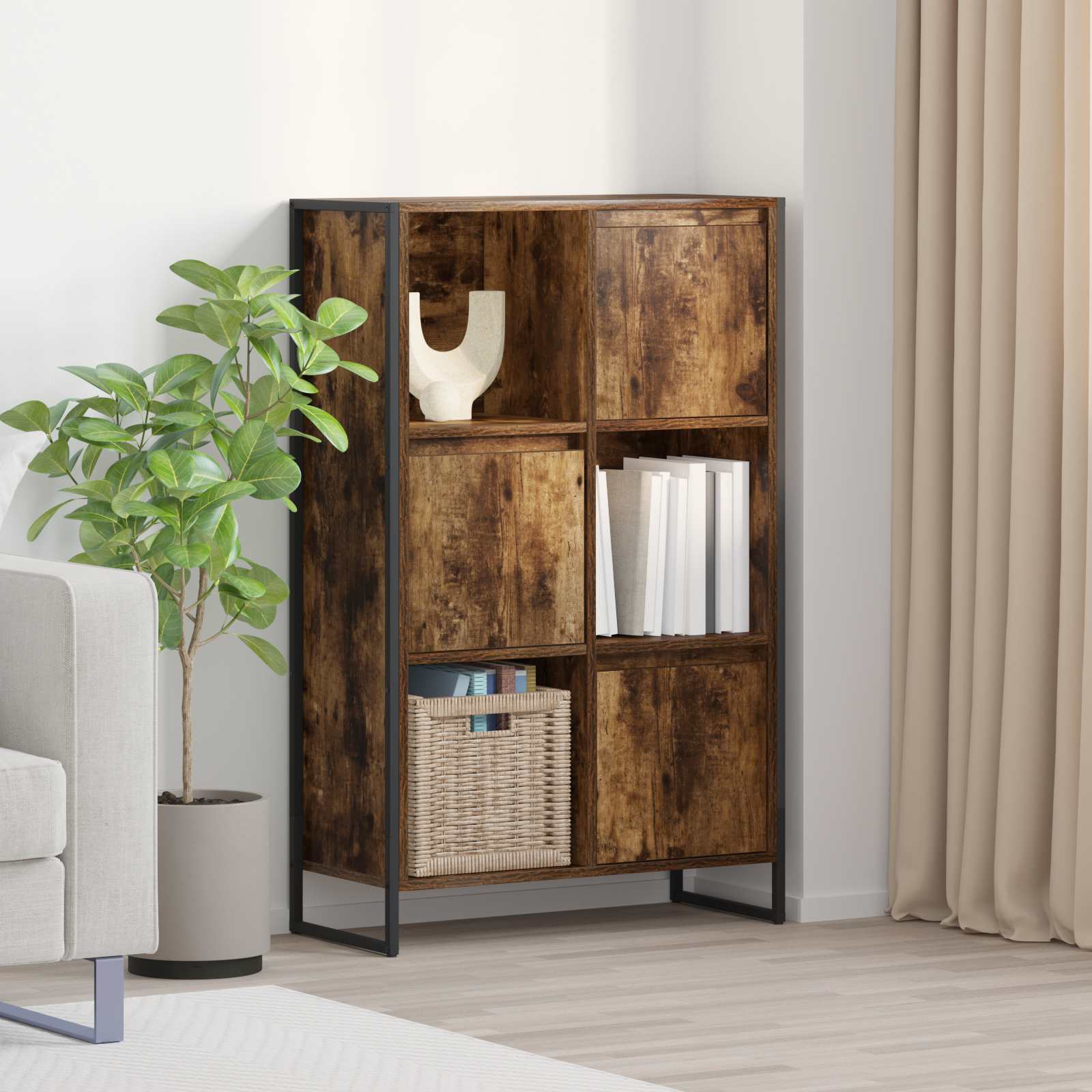 Bogskab i røget eg - konstrueret træ, 68 × 30 × 108,5 cm, industrielt design