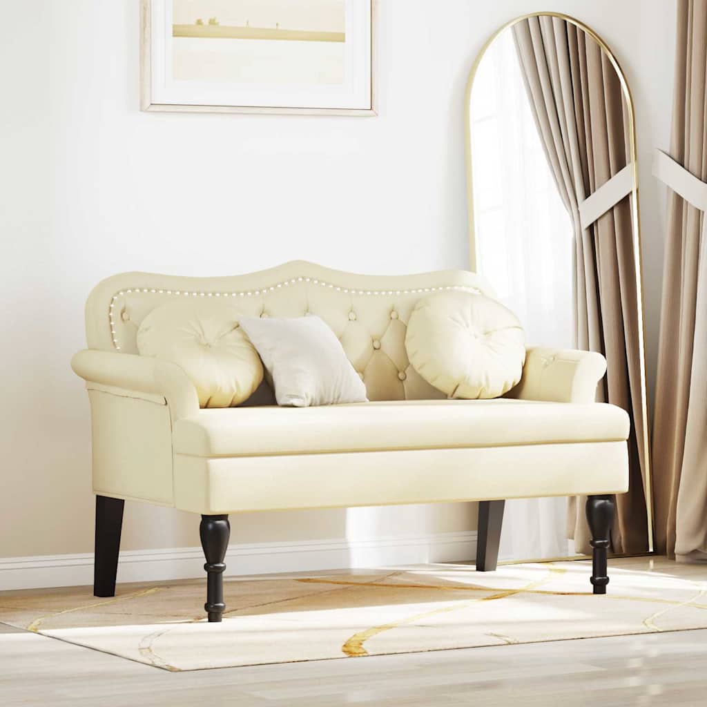 Chesterfield bænk i kunstlæder med puder - creme, 120,5 × 65 × 75 cm