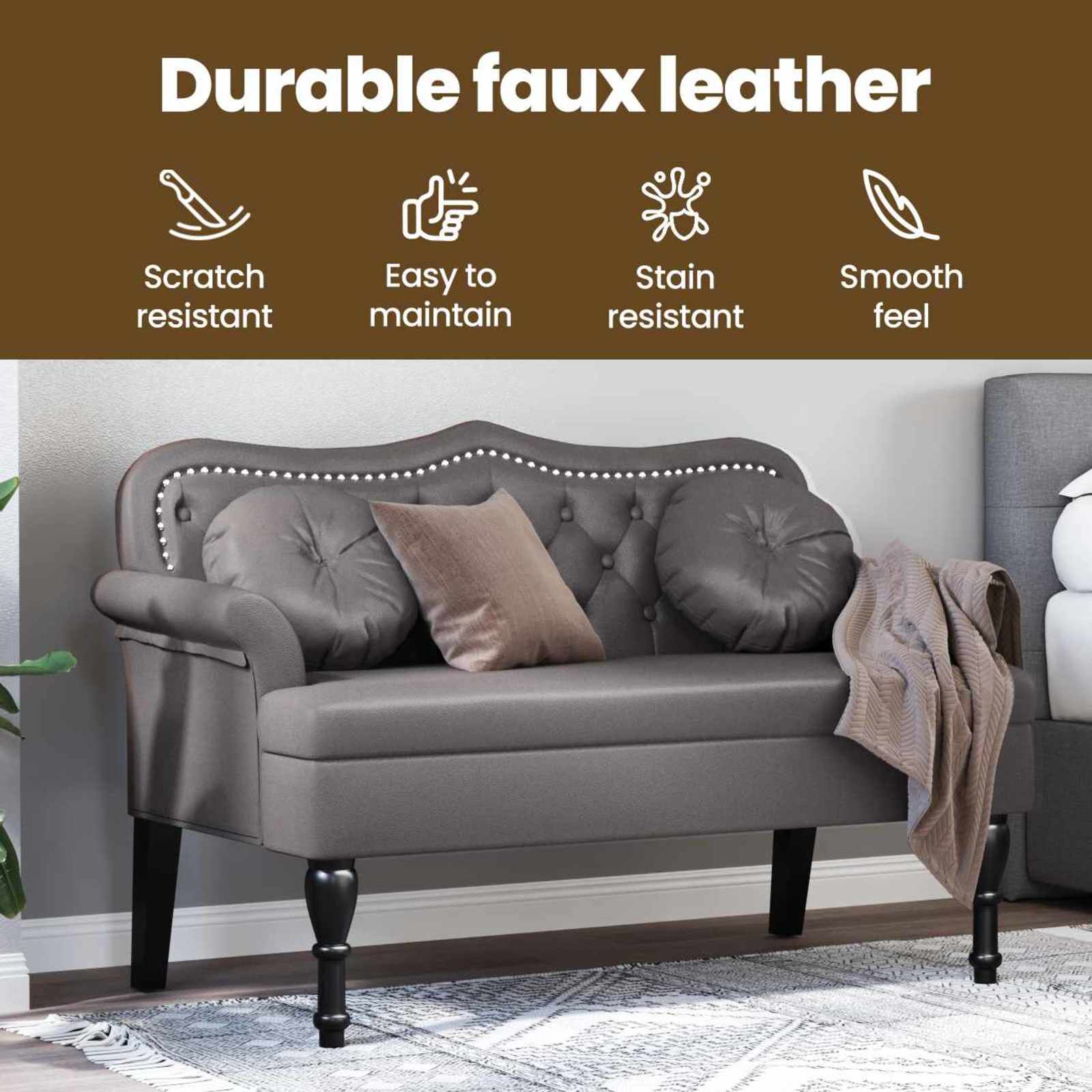 Chesterfield bænk med pude Grå 120.5 x 65 x 75 cm Faux læder