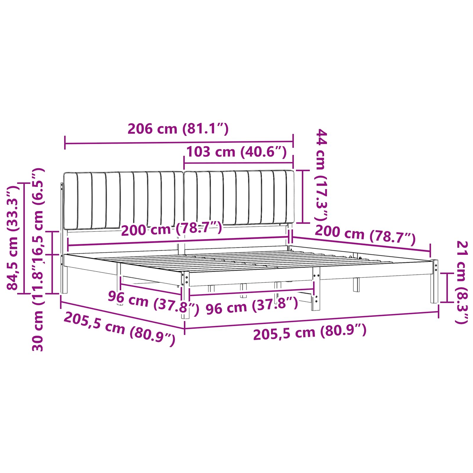 Sengestel med Polstret Hovedgavl Sort 200 x 200 cm