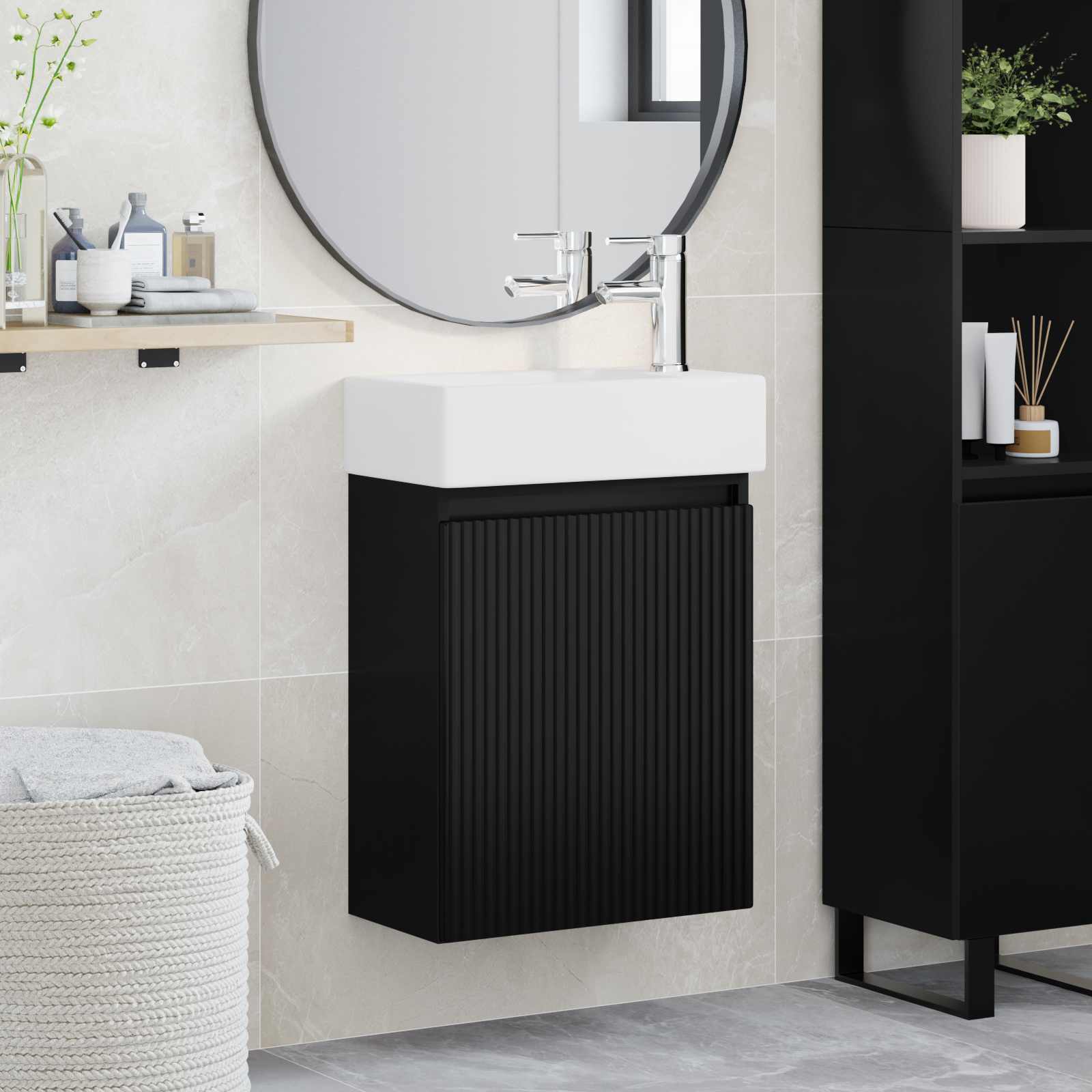 Badeværelses vanity-enhed med armatur - sort, vægmonteret 45,5 × 22,5 × 84 cm