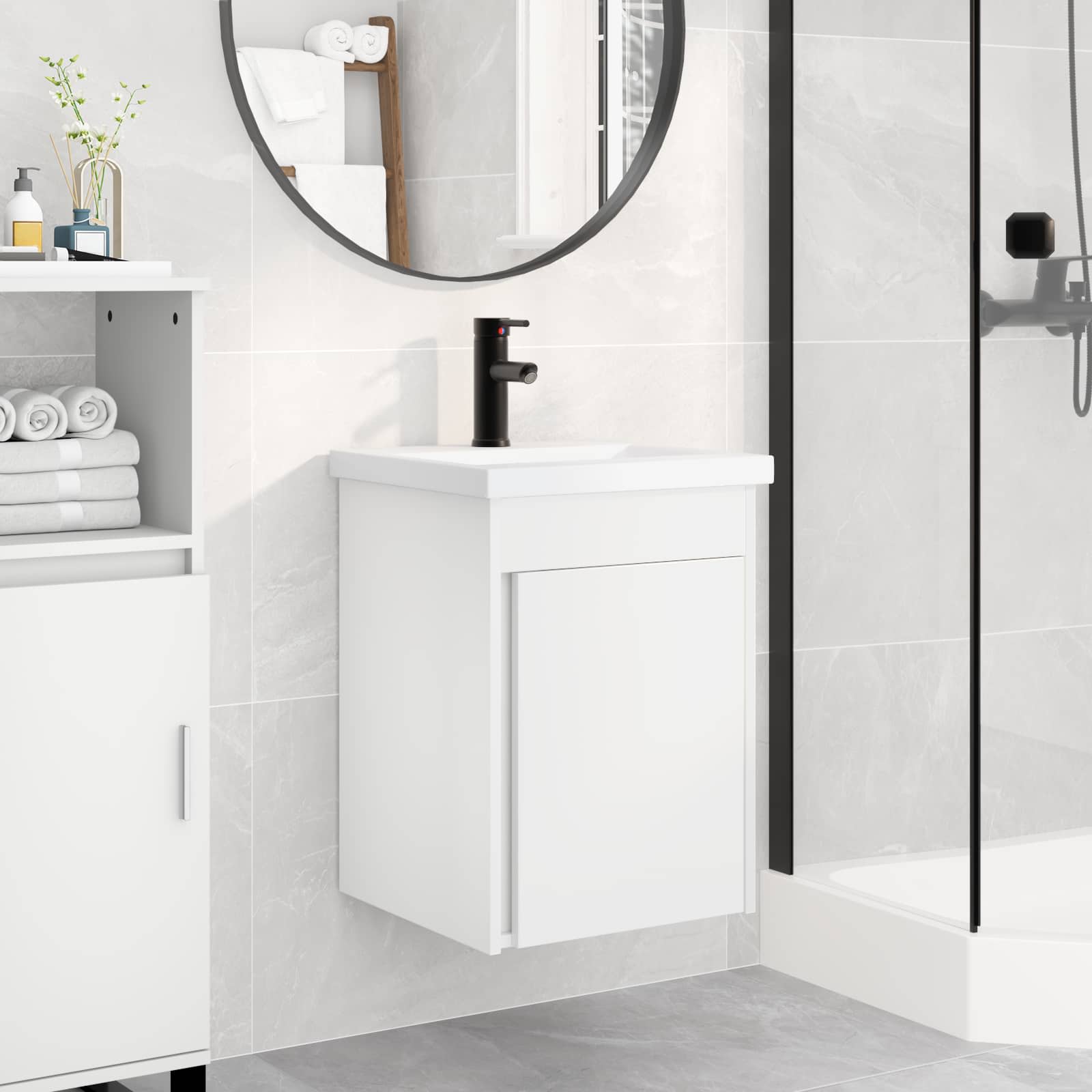 Badeværelses vanity-enhed med armatur - hvid, 42 × 40 × 74,5 cm