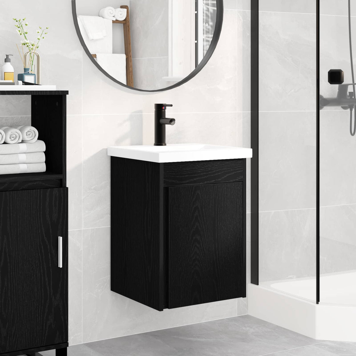vidaXL Badeværelses Vanity-enhed med Armatur Sort eg 42 x 40 x 74,5 cm