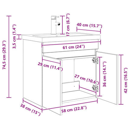 Badeværelses Vanity-enhed med Armatur Sort eg 61 x 40 x 74,5 cm